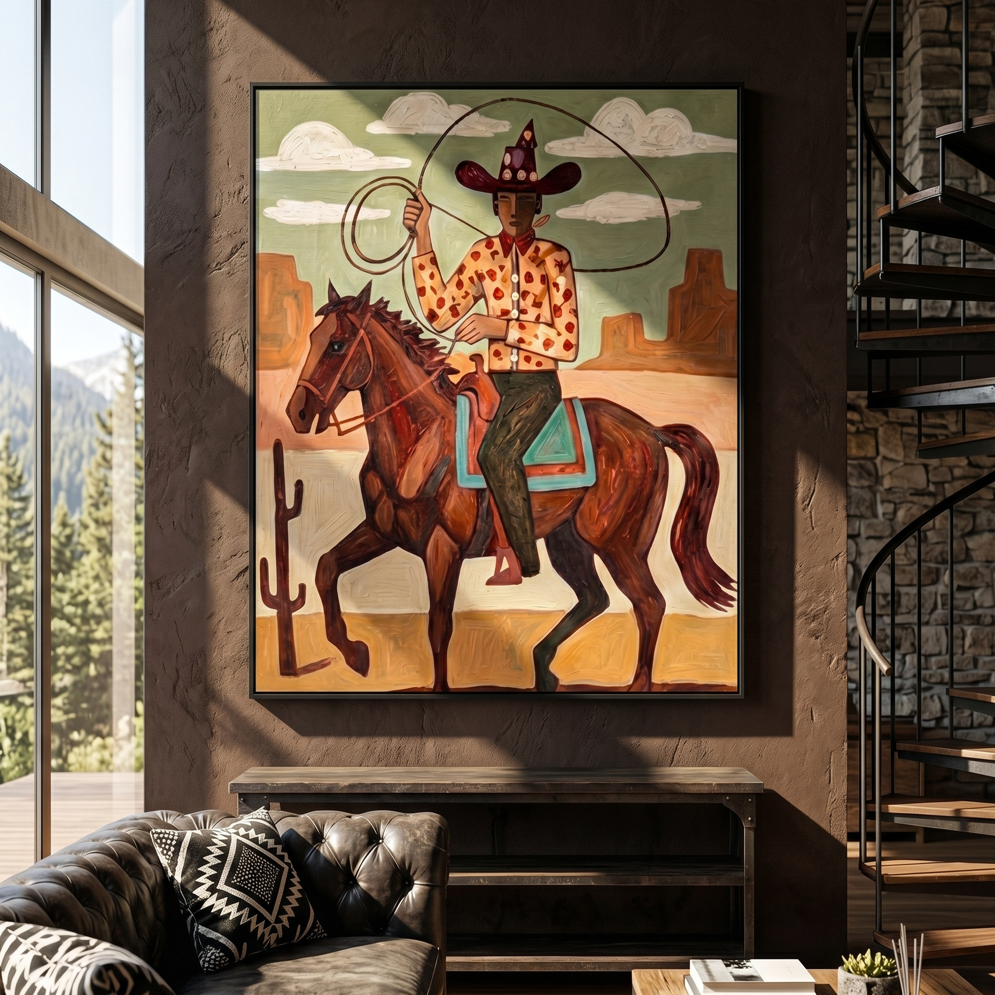 The Lasso Throw – Vintage Americana Cowboy Roping on Horseback Painting | Rustic Western Living Room Art