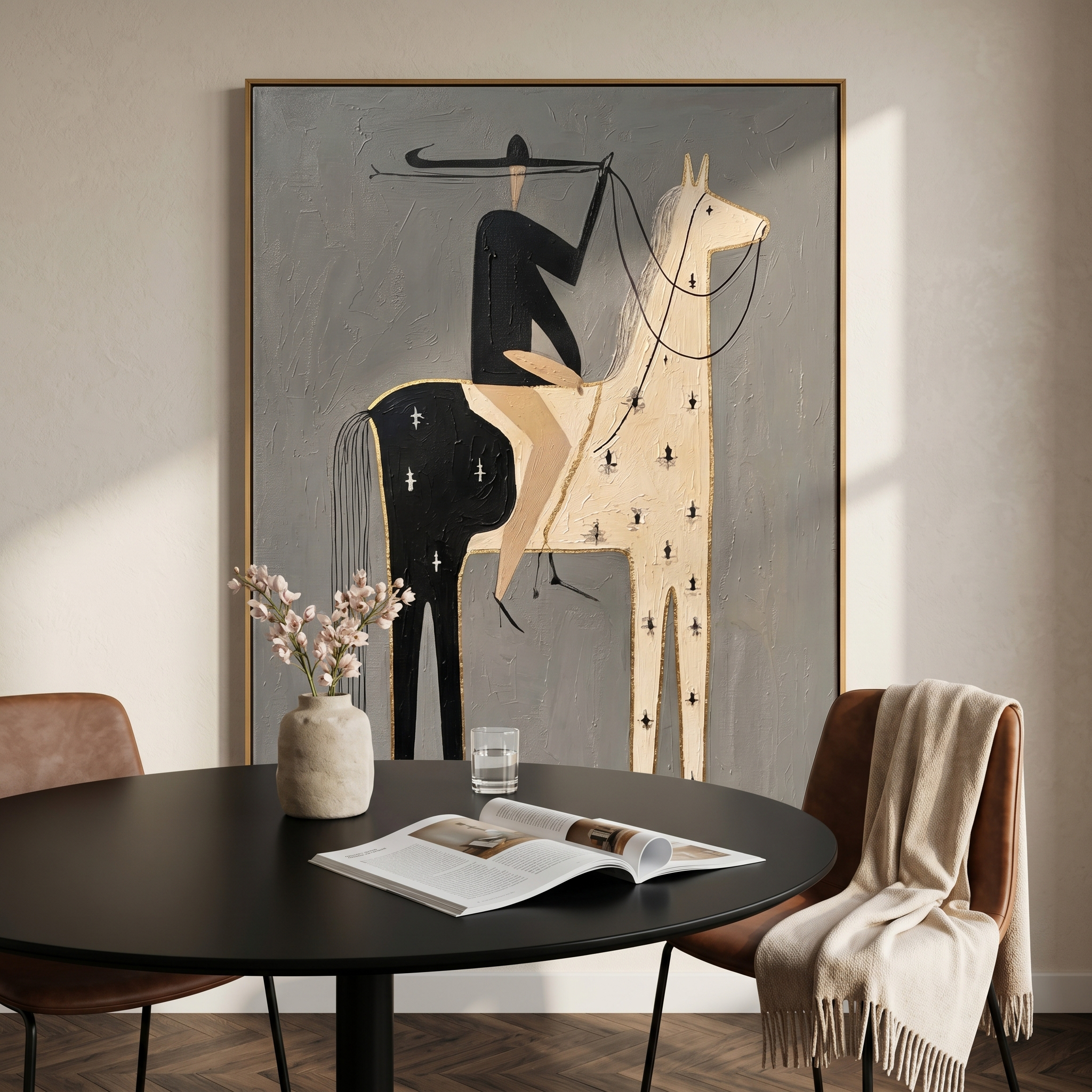 Black & Cream – Vintage Americana Minimalist Rider on Pinto Horse Painting | Contemporary Hallway Art