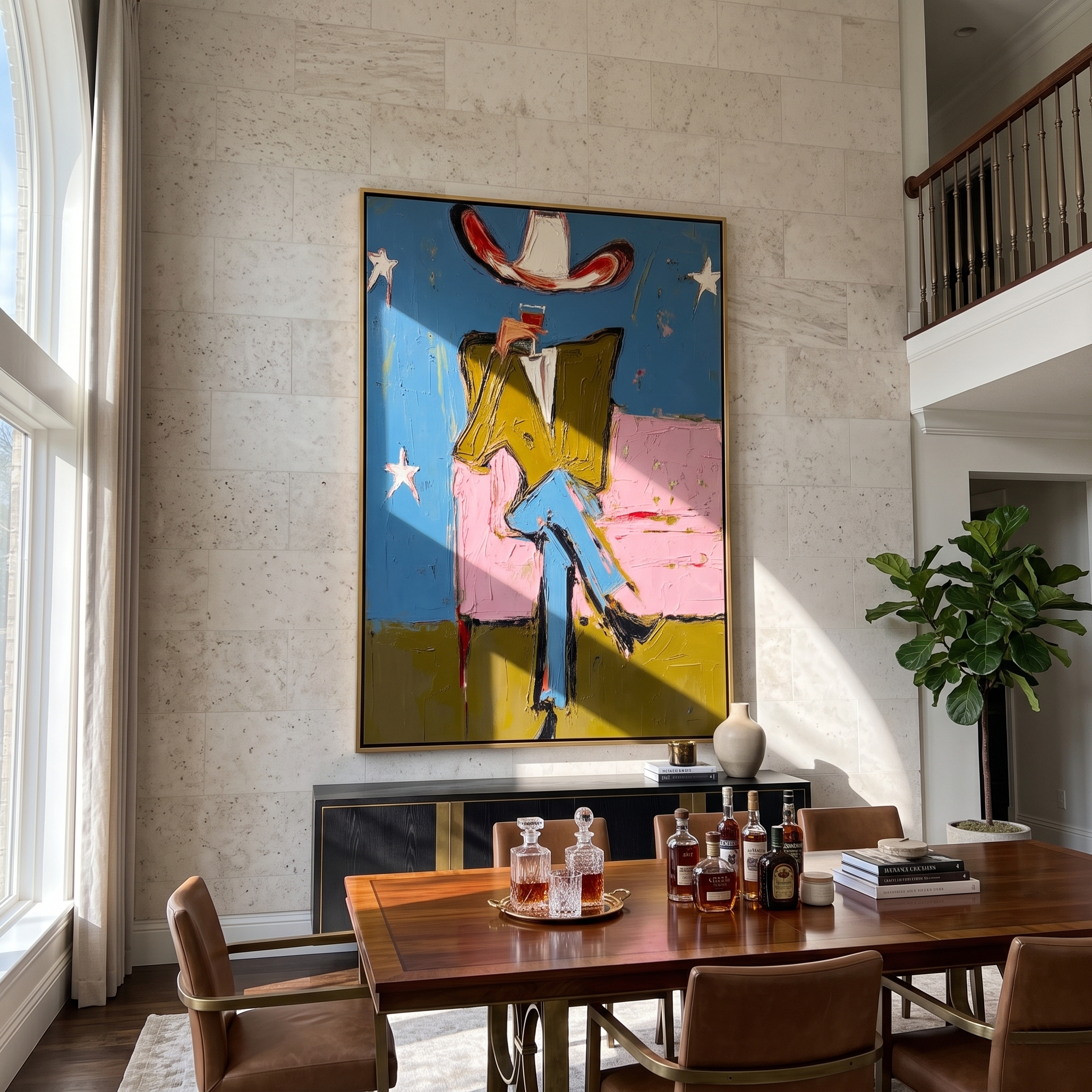 Starlit Lounge – Surrealist Cowboy on Pink Sofa Painting | Vintage Americana Vertical Art