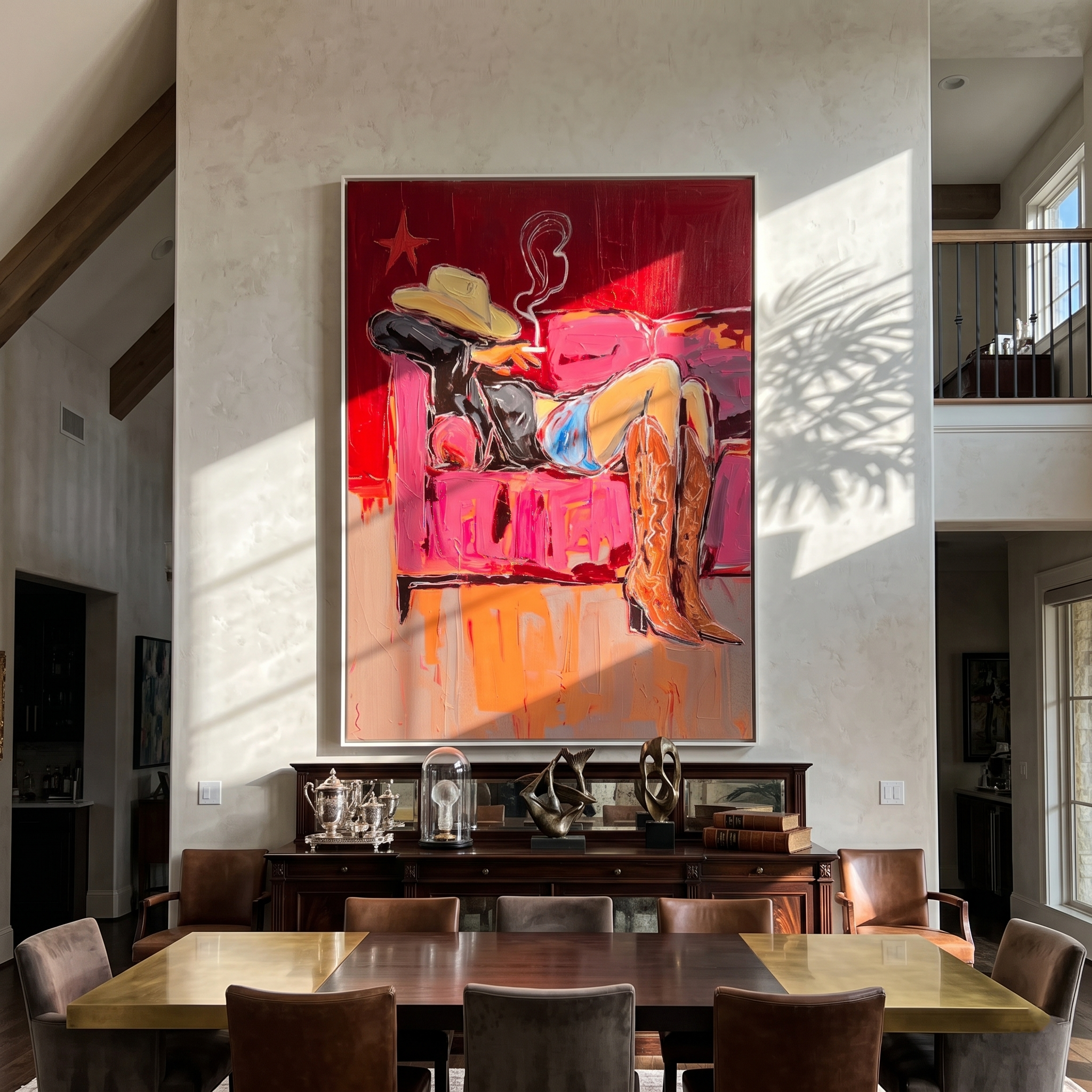 Crimson Leisure – Cowgirl on Sofa with Cigarette Painting | Vintage Americana Vertical Art