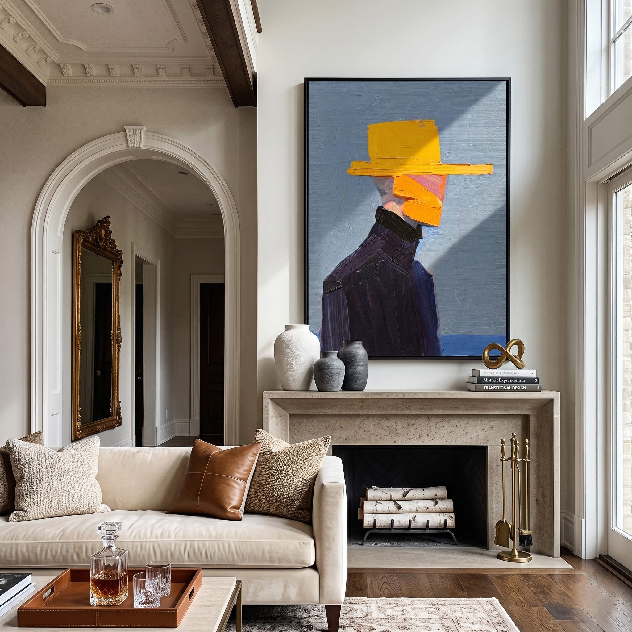 Yellow Crown – Faceless Figure in Sombrero Painting | Vintage Americana Vertical Art