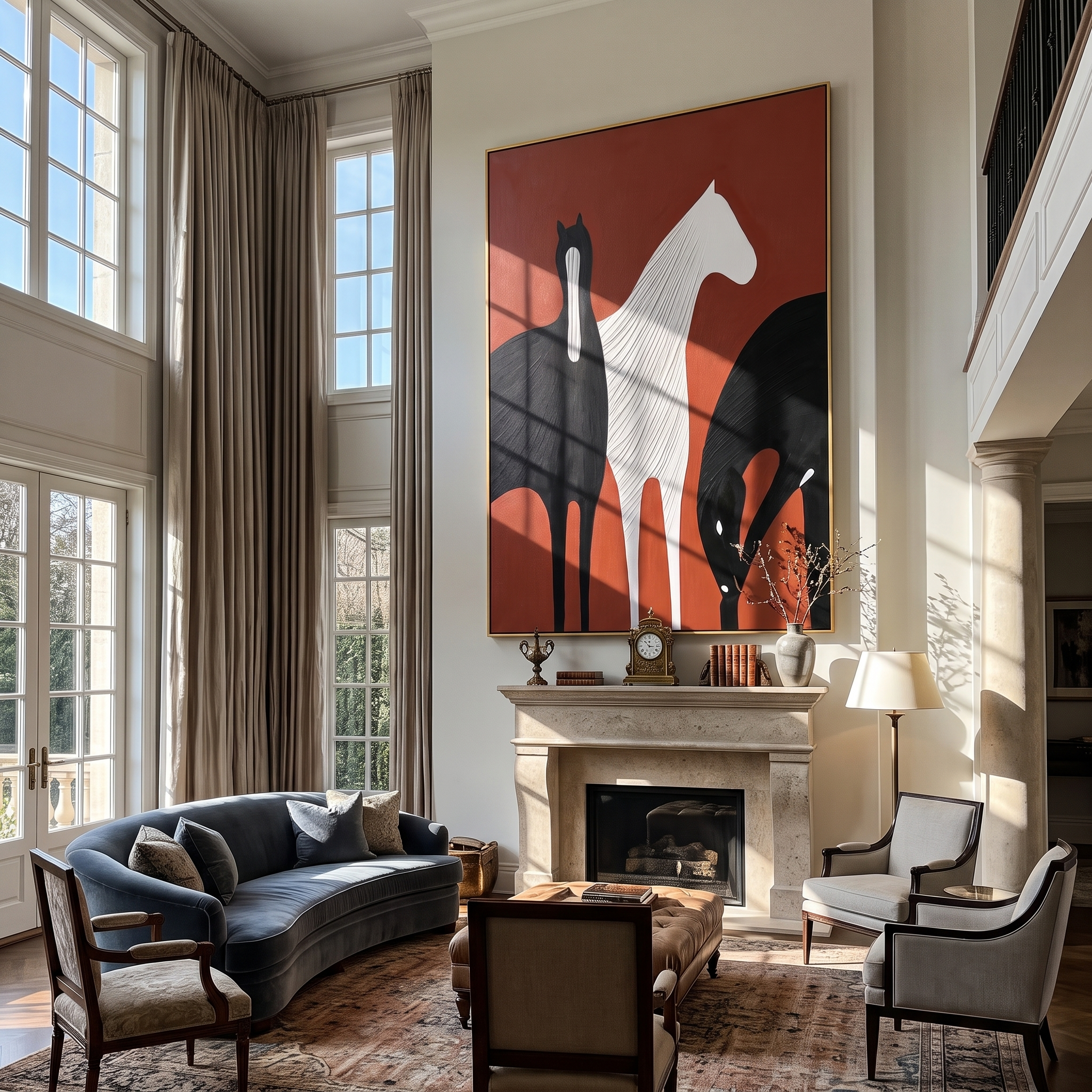 Crimson Equus - Vintage Americana Abstract Horse Trio Painting | Bold Modern Living Room Art