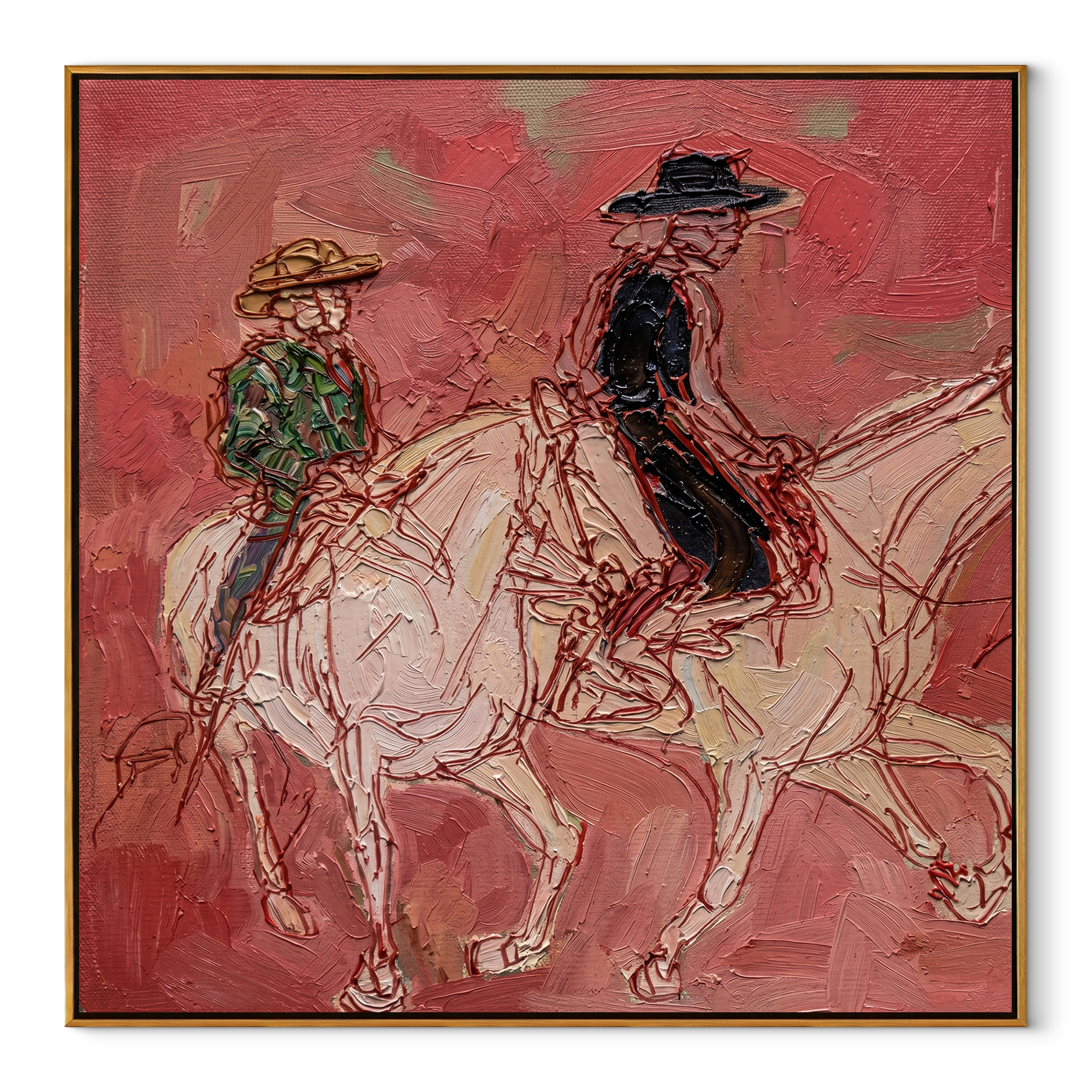 Rosewood Trail Crossing coral folk painting with two pale horses and riders, square canvas artwork