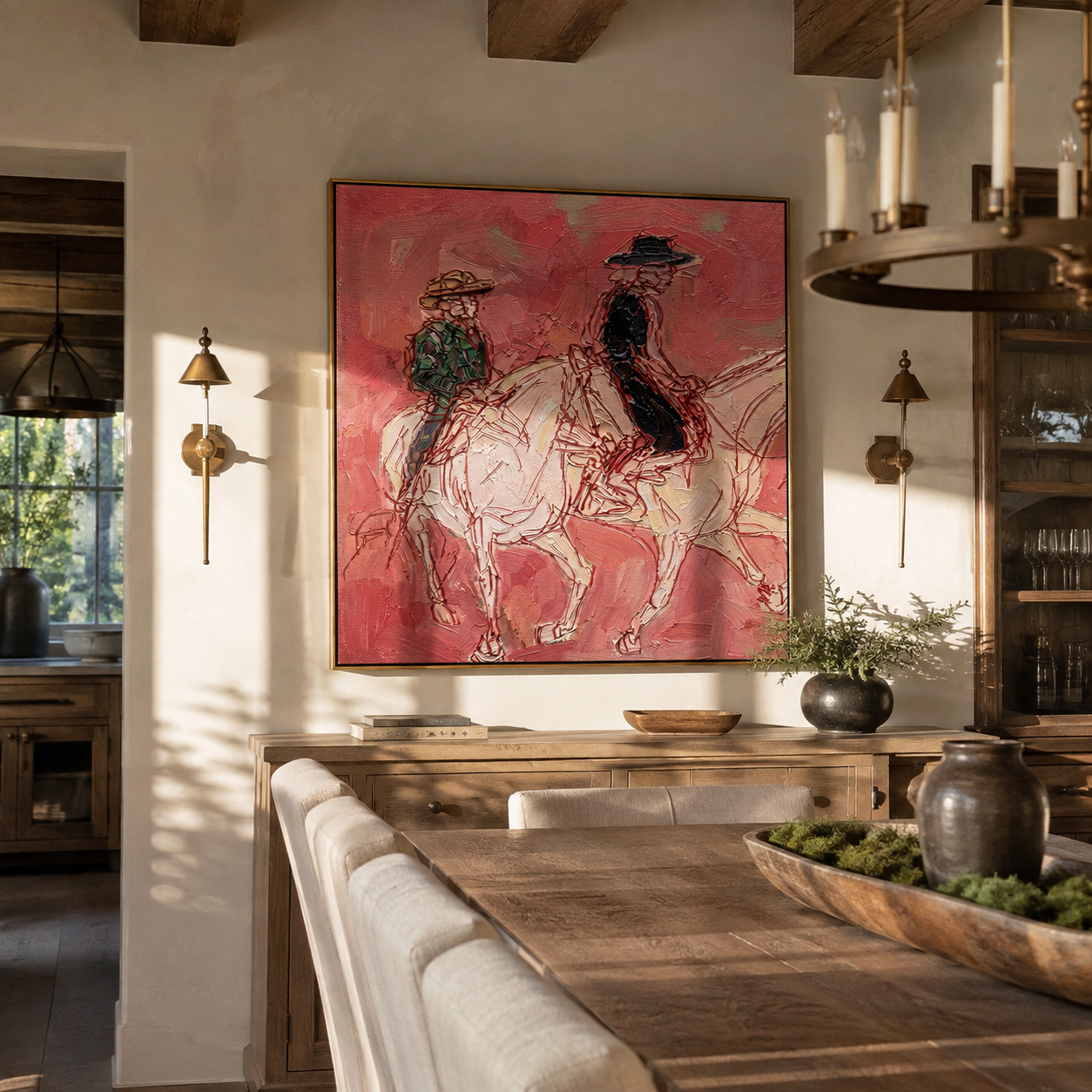 Rosewood Trail Crossing displayed above a living room sofa in a warm modern interior