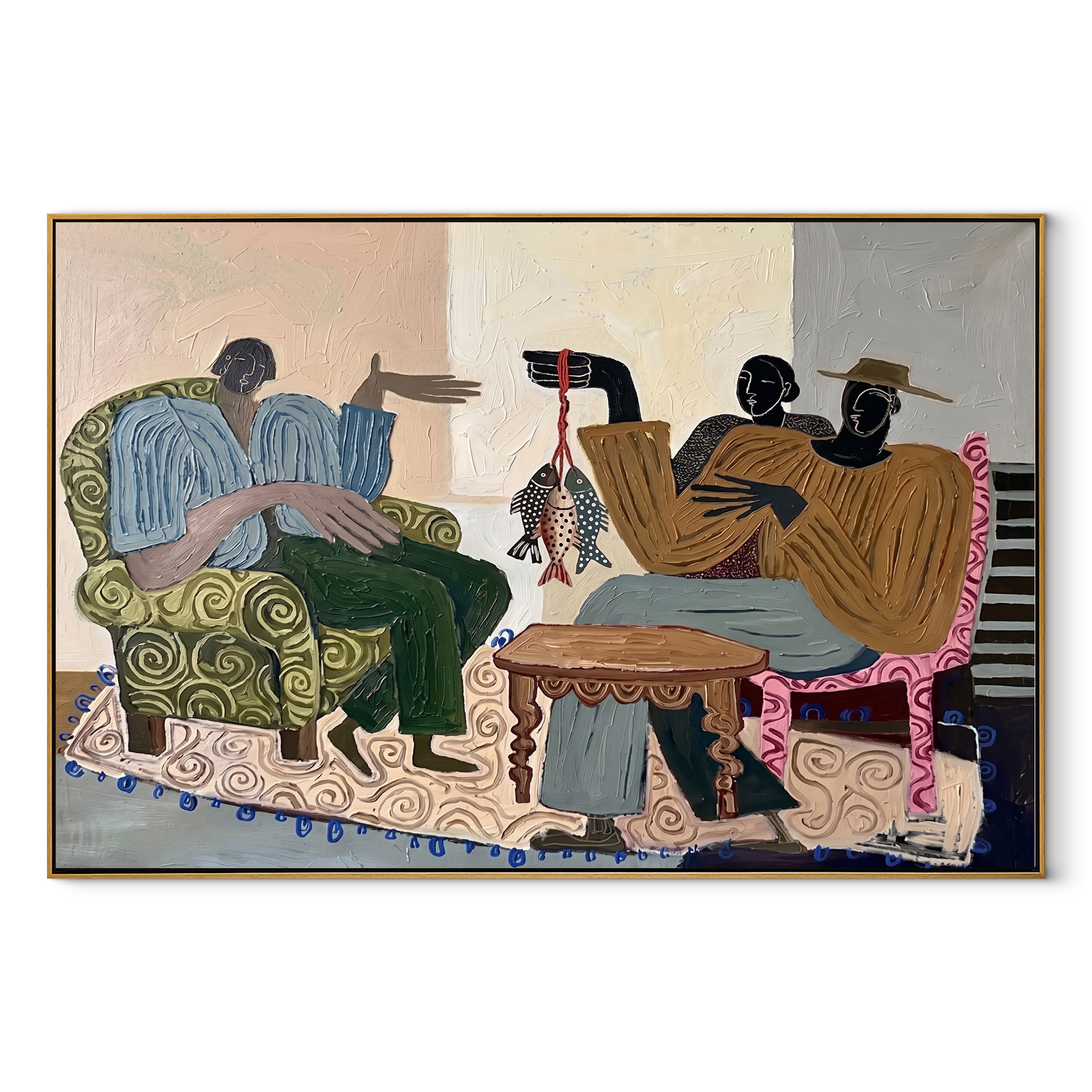 Stories Around the Catch earth-tone folk painting with three seated figures and fish, horizontal canvas artwork