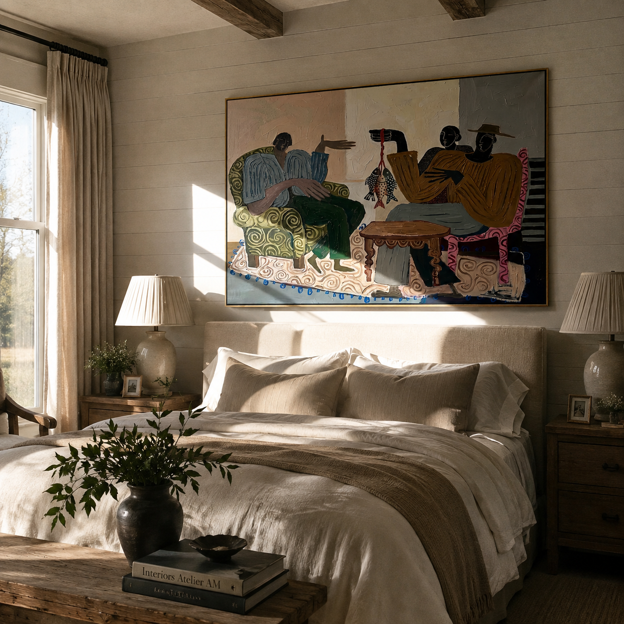 Stories Around the Catch styled above a bed in a calm, layered bedroom interior