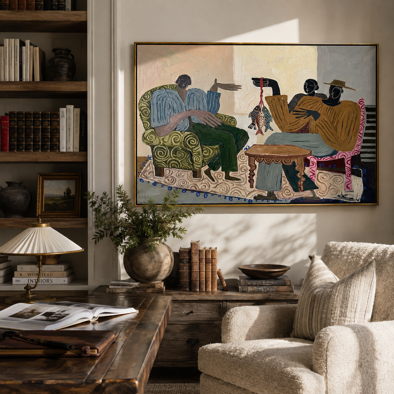 Stories Around the Catch displayed above a living room sofa in a warm modern interior