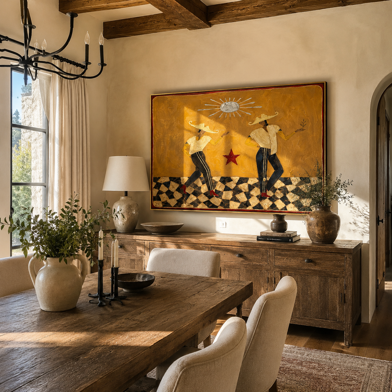 Mustard Sun Serenade displayed above a living room sofa in a warm modern interior