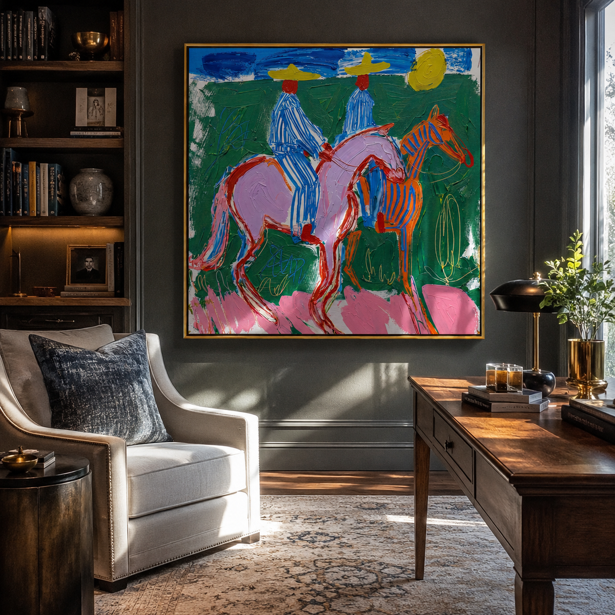 Chromatic Riders Returning styled above a bed in a calm, layered bedroom interior