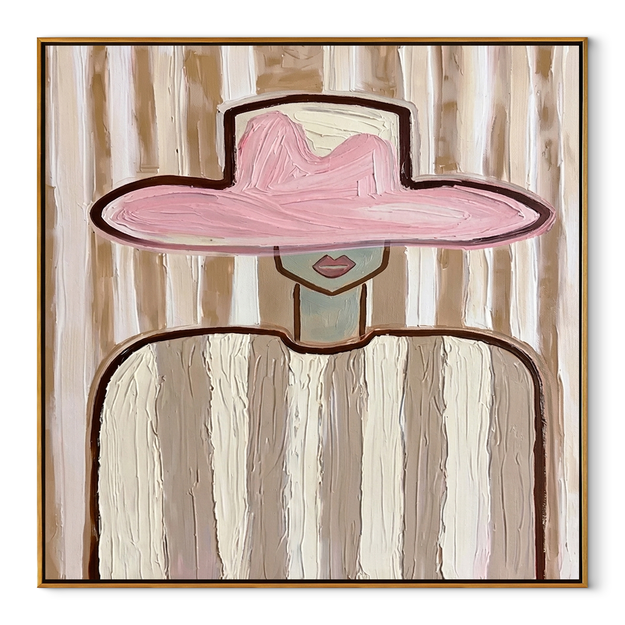 Pink Brim Poise blush western figure painting with oversized pink sombrero, square canvas artwork