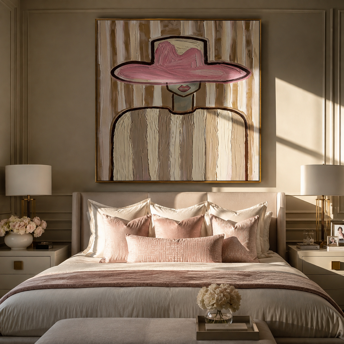 Pink Brim Poise styled in a quiet reading nook with neutral furnishings