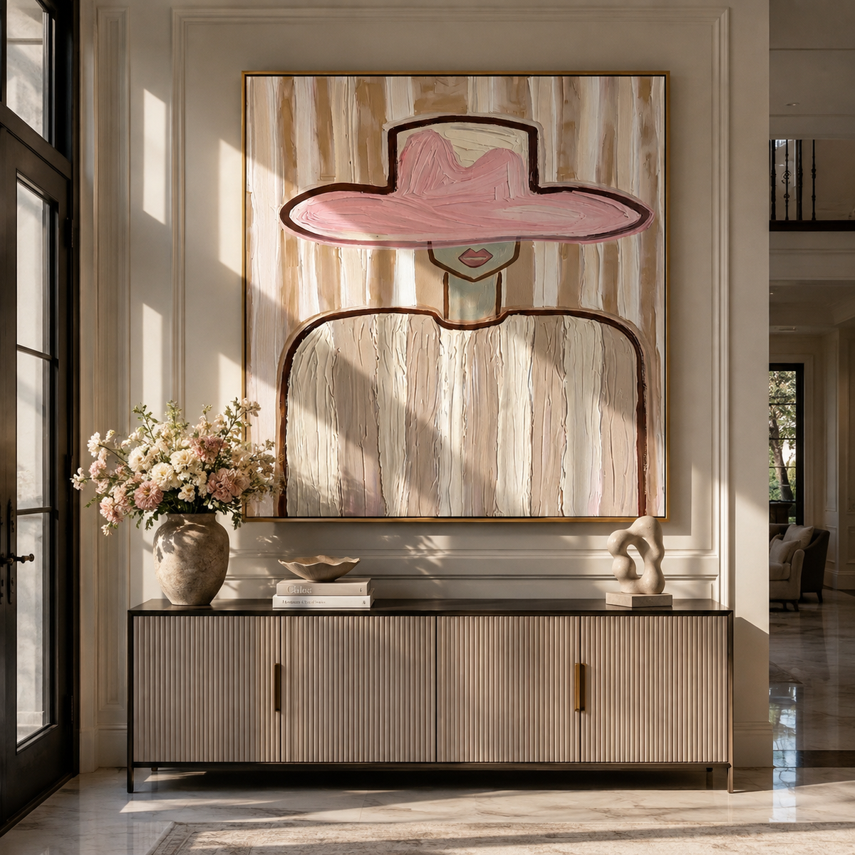 Pink Brim Poise displayed in a dining room with coordinated modern decor