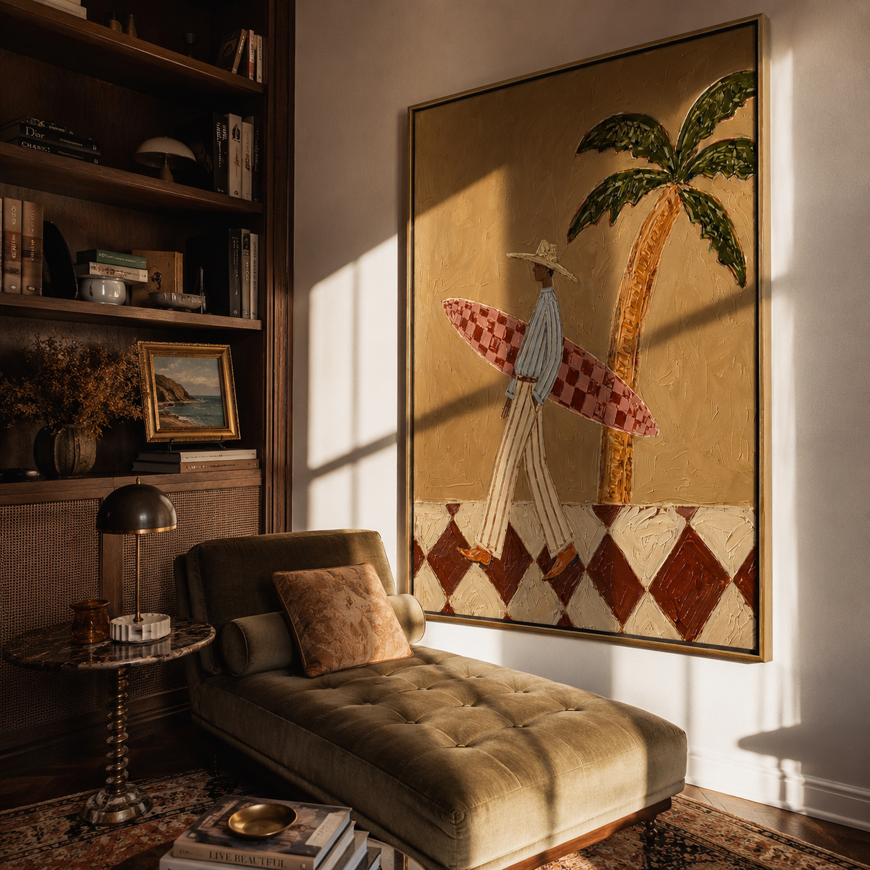 Surfboard Under the Palm presented over an entryway console in a contemporary home