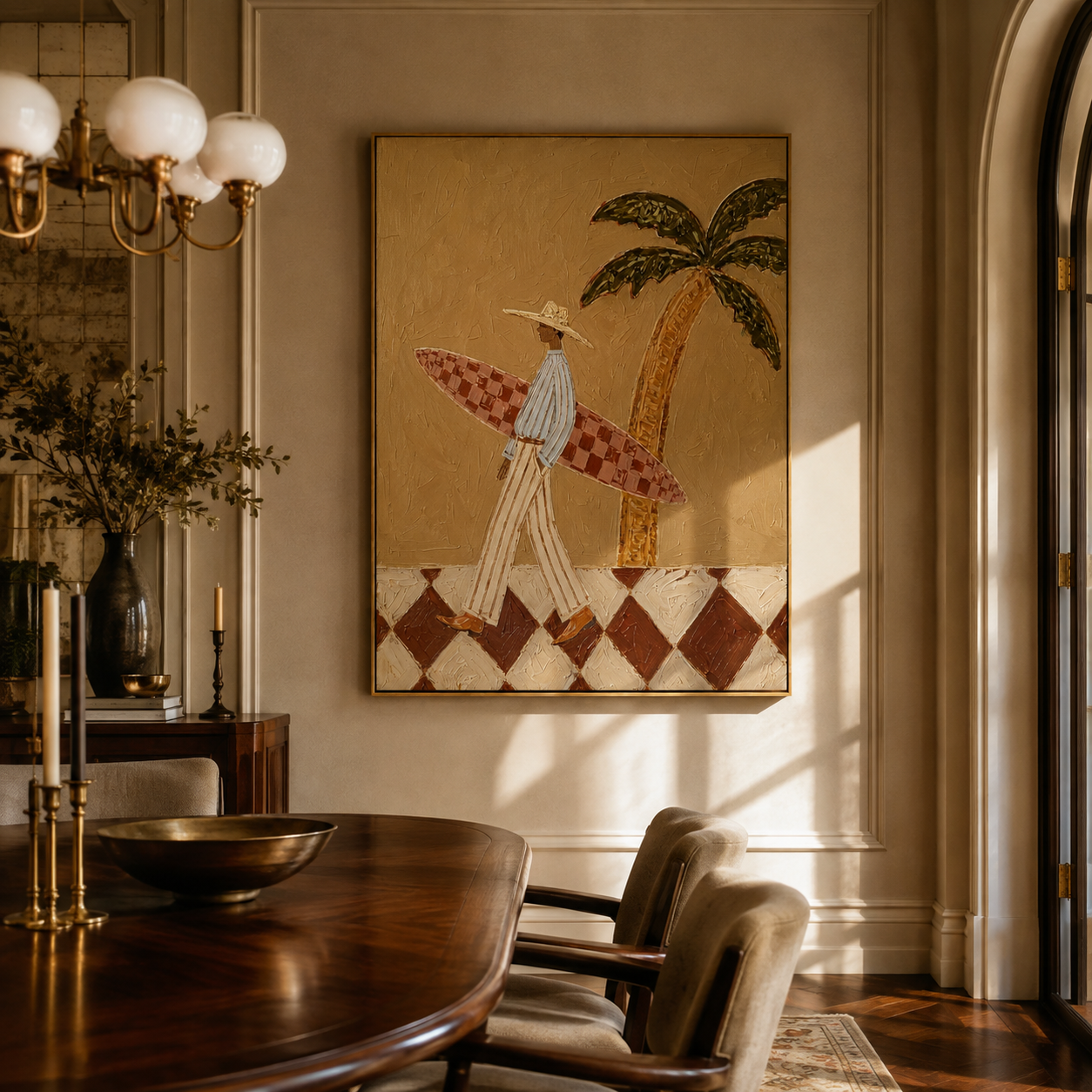Surfboard Under the Palm displayed above a living room sofa in a warm modern interior