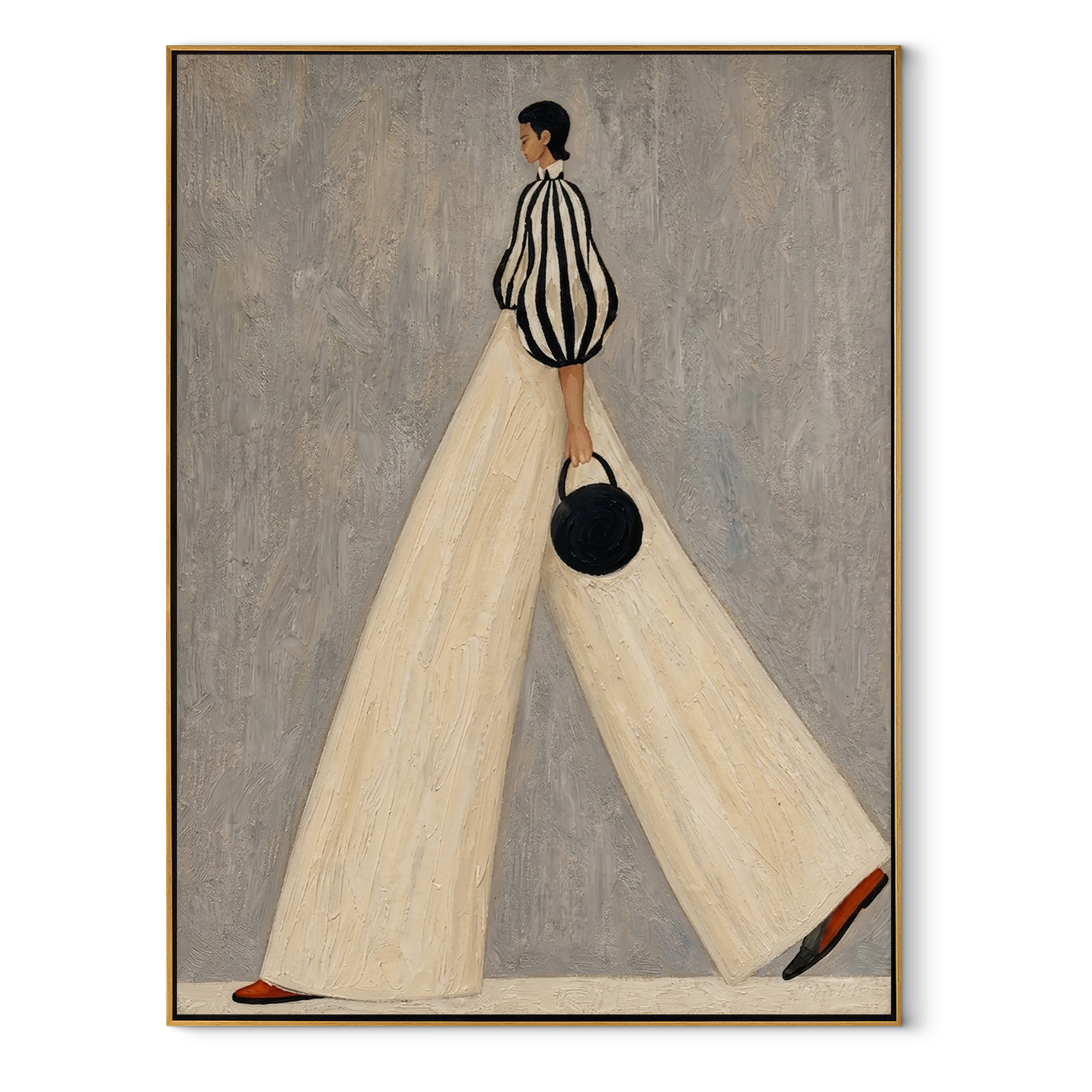 Stride in Ivory Lines black and white fashion figure painting with wide ivory trousers, vertical canvas artwork