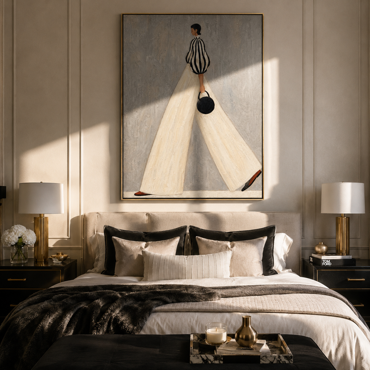 Stride in Ivory Lines styled above a bed in a calm, layered bedroom interior