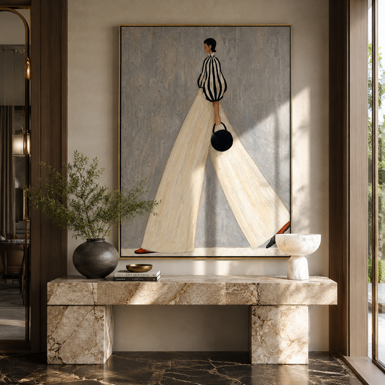 Stride in Ivory Lines displayed above a living room sofa in a warm modern interior