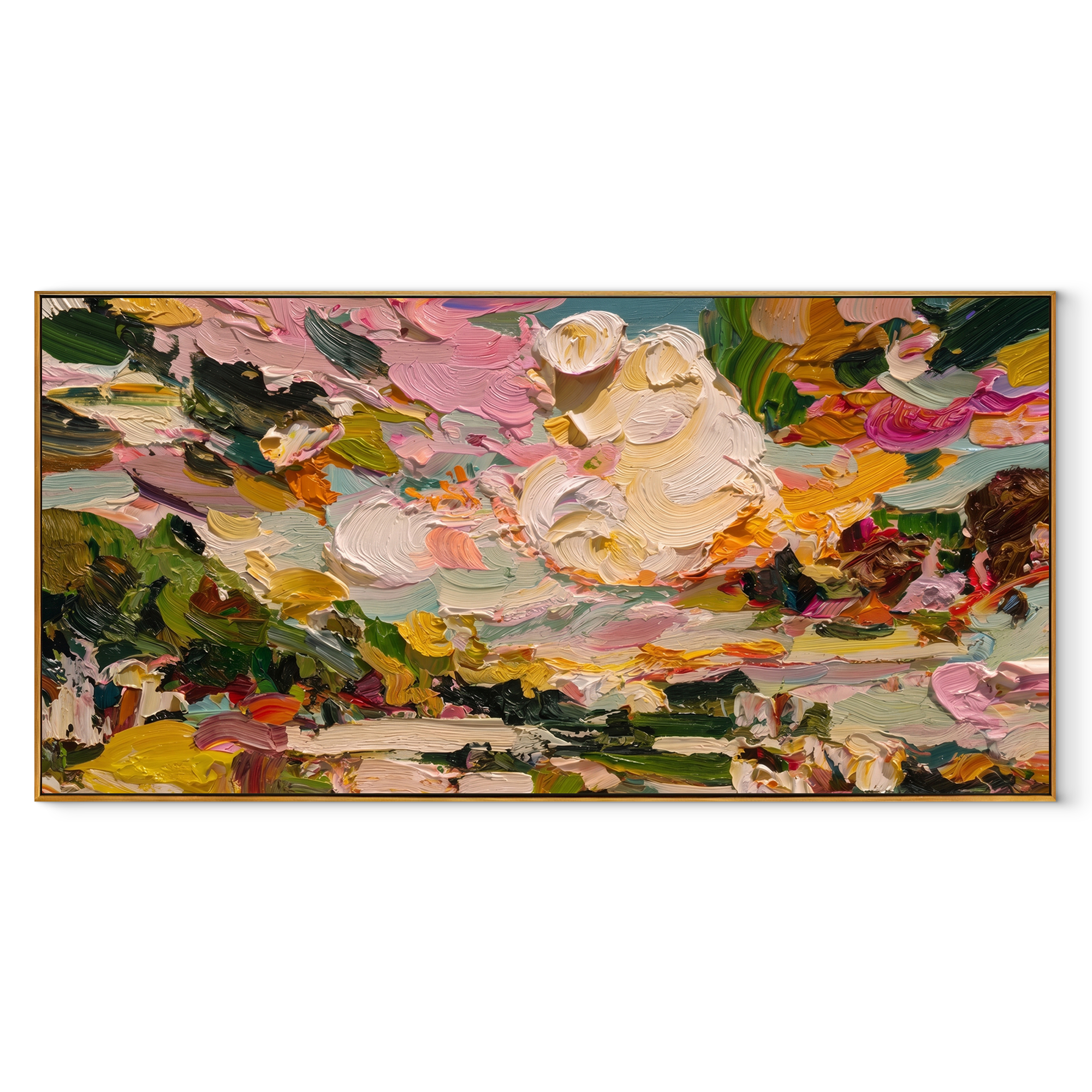 Petal Clouds Unfolding pink green panoramic abstract landscape painting, horizontal canvas artwork