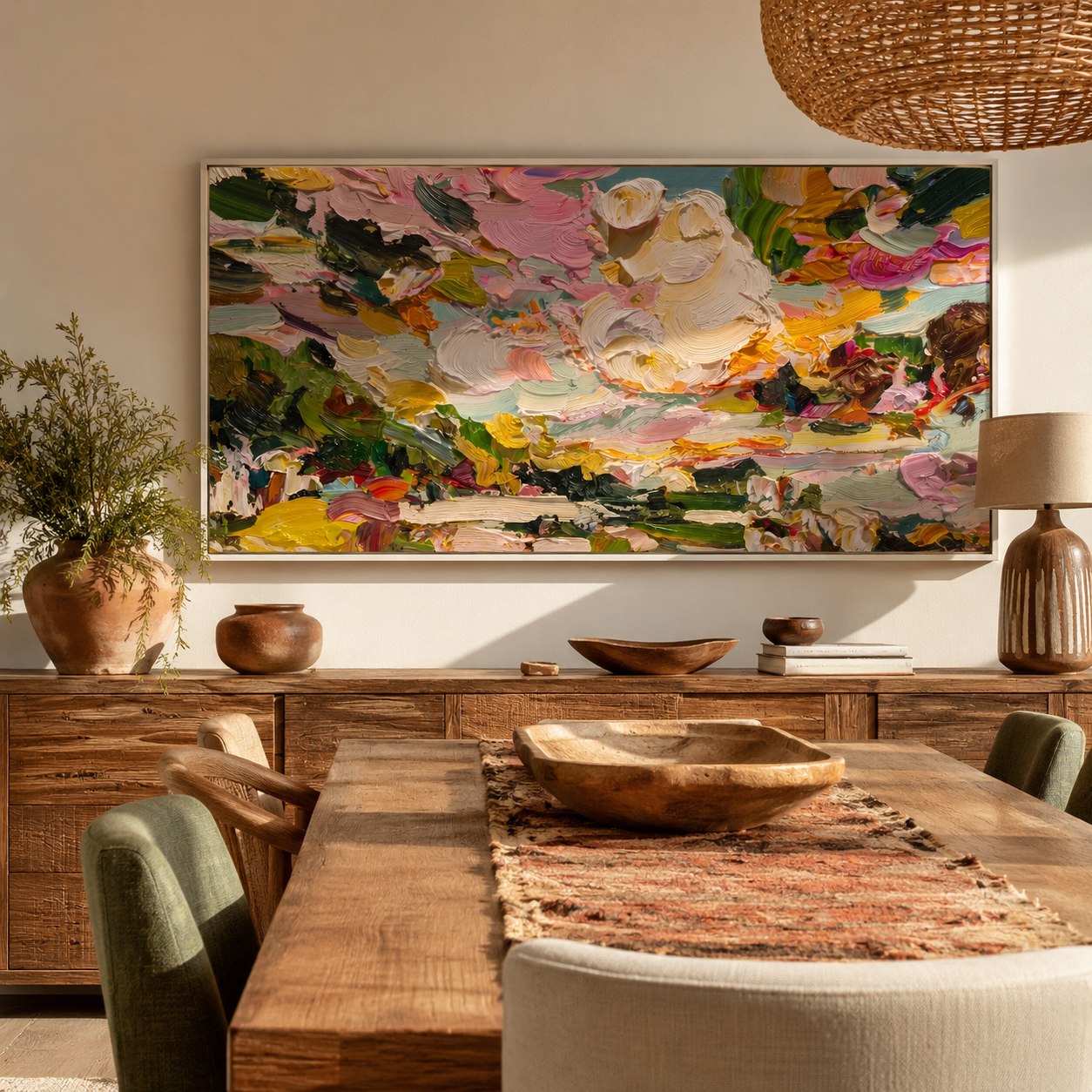 Petal Clouds Unfolding presented over an entryway console in a contemporary home