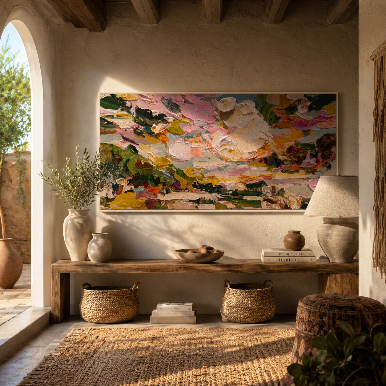 Petal Clouds Unfolding displayed in a dining room with coordinated modern decor