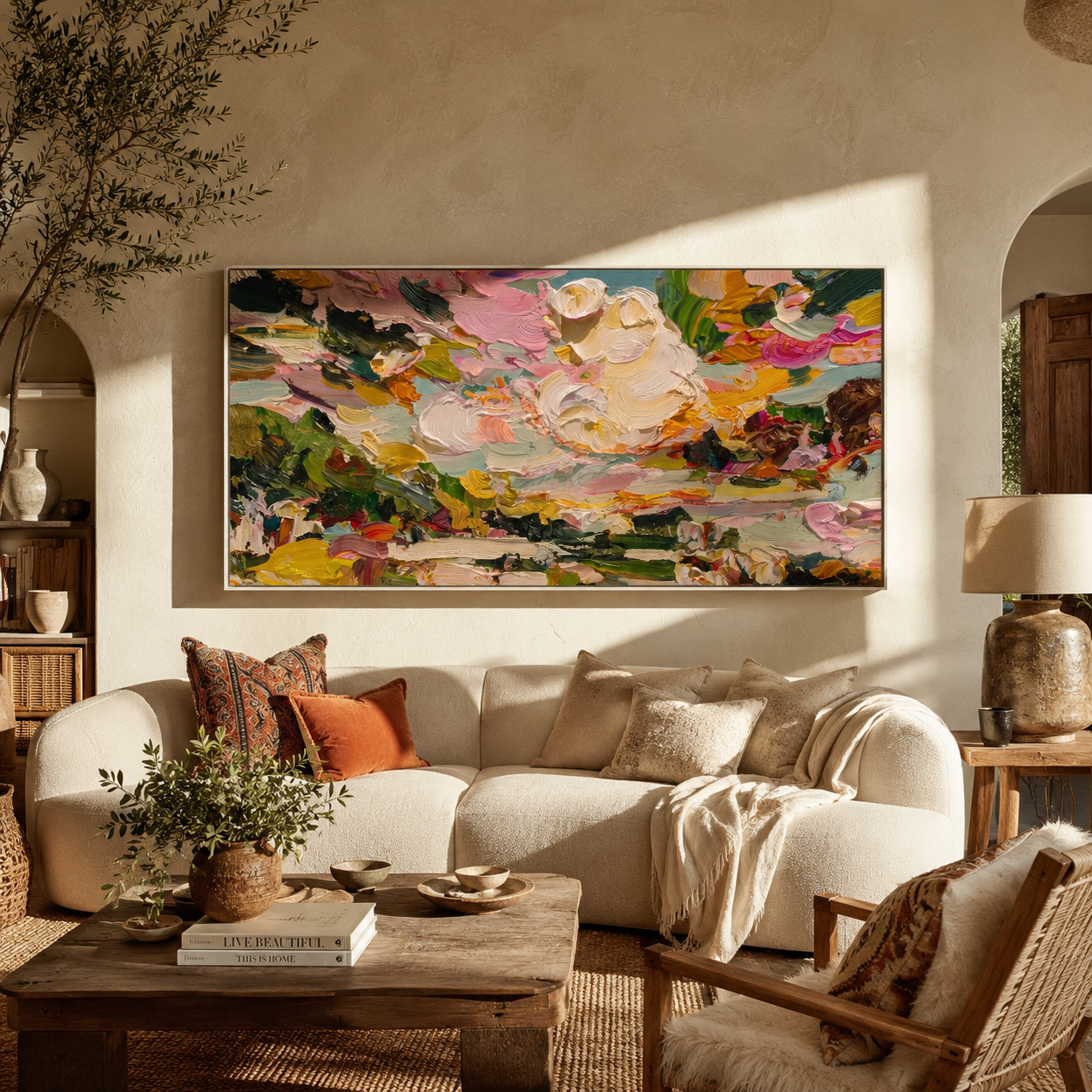Petal Clouds Unfolding displayed above a living room sofa in a warm modern interior