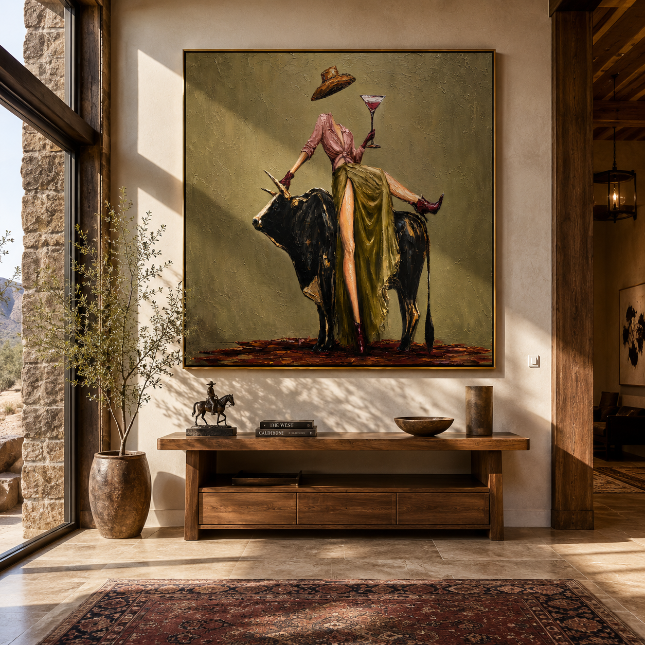 Brim Above the Bull displayed above a sofa in a coordinated modern interior