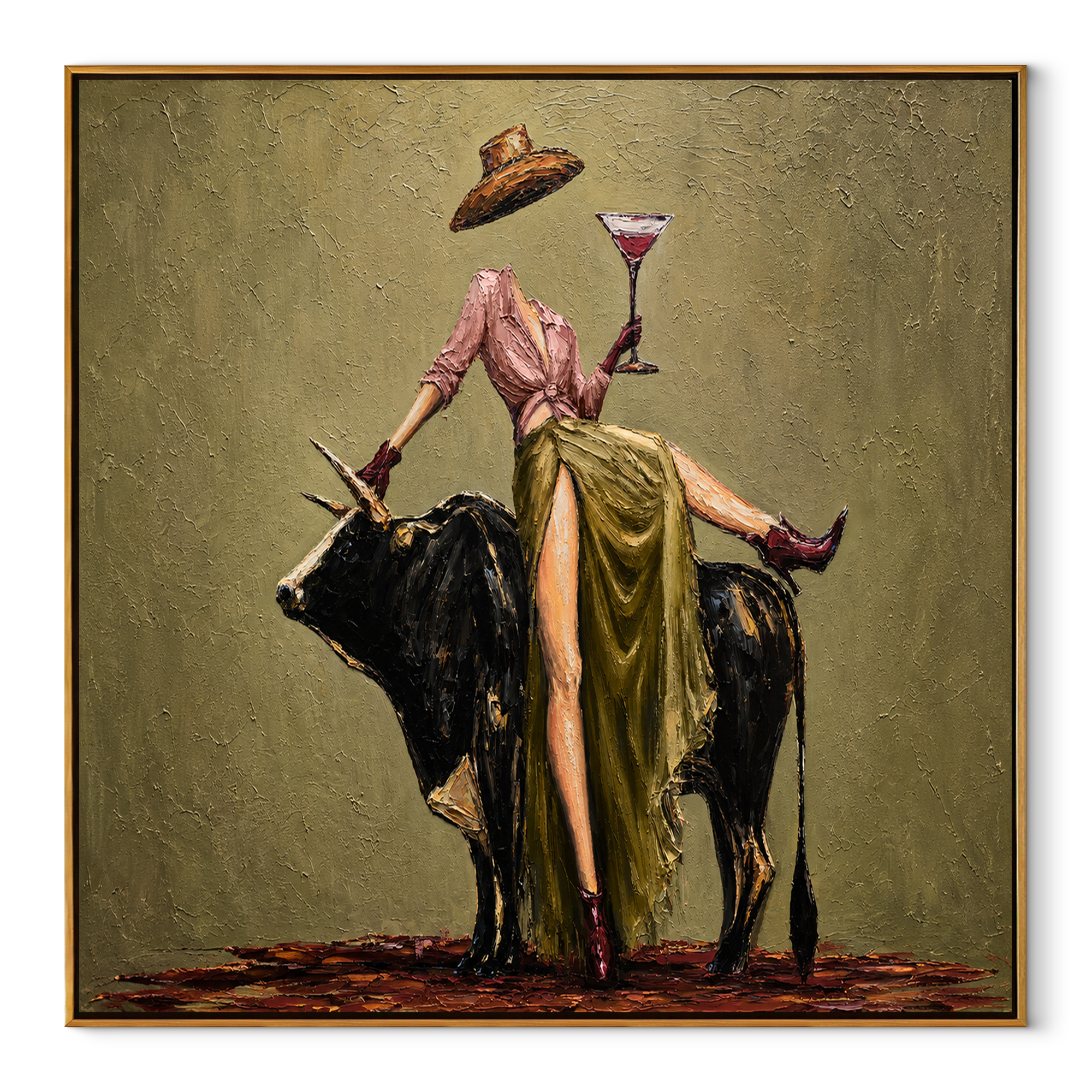 Brim Above the Bull western woman and black bull painting, square canvas artwork
