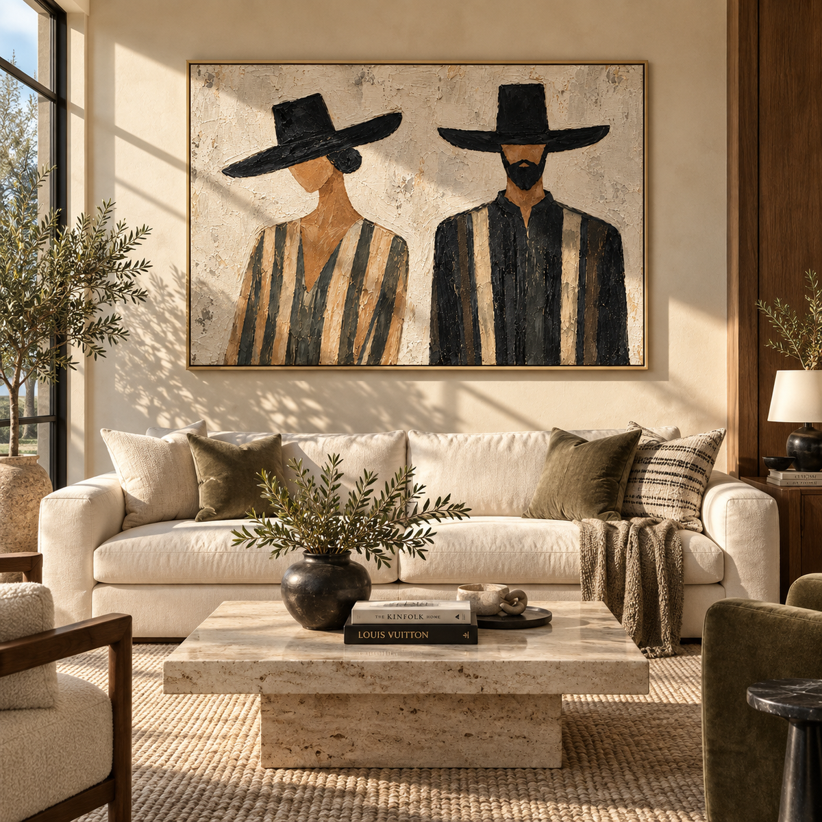Two Brims Share the Silence - two wide-brim striped figures painting, modern figurative horizontal textured wall art - displayed above a linen sofa