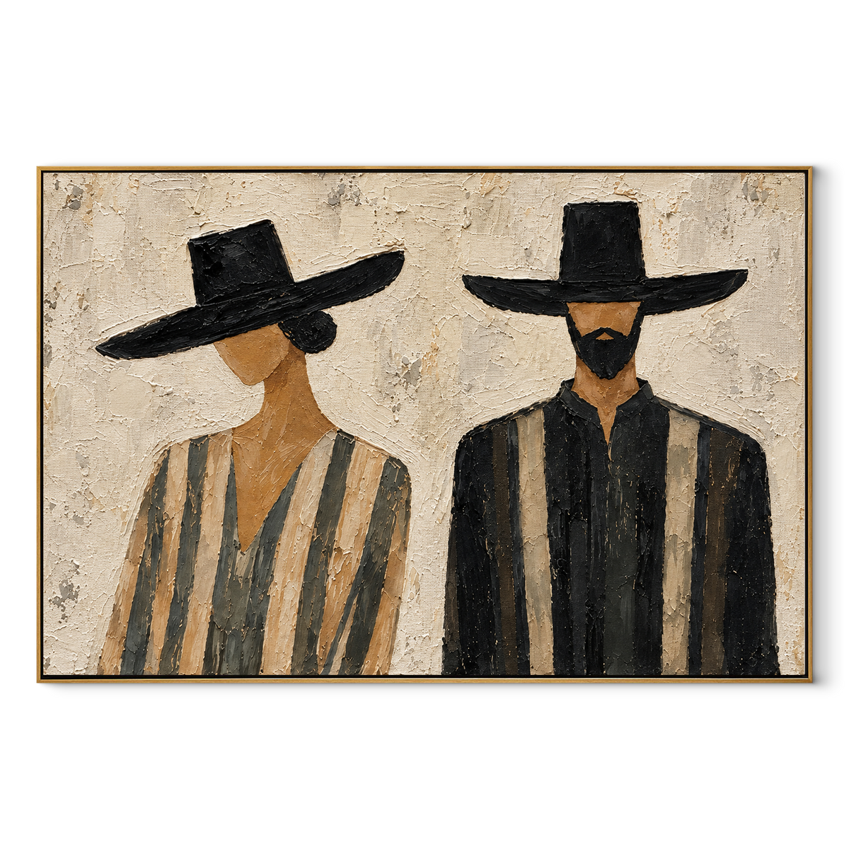 Two Brims Share the Silence - two wide-brim striped figures painting, modern figurative horizontal textured wall art - wood frame on white background