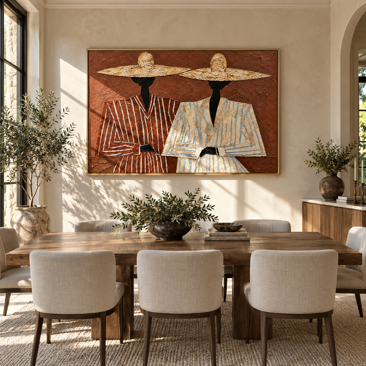 Straw Hats Meet Terra - twin straw-hat figures painting, modern figurative horizontal textured wall art - displayed above a long oak cabinet