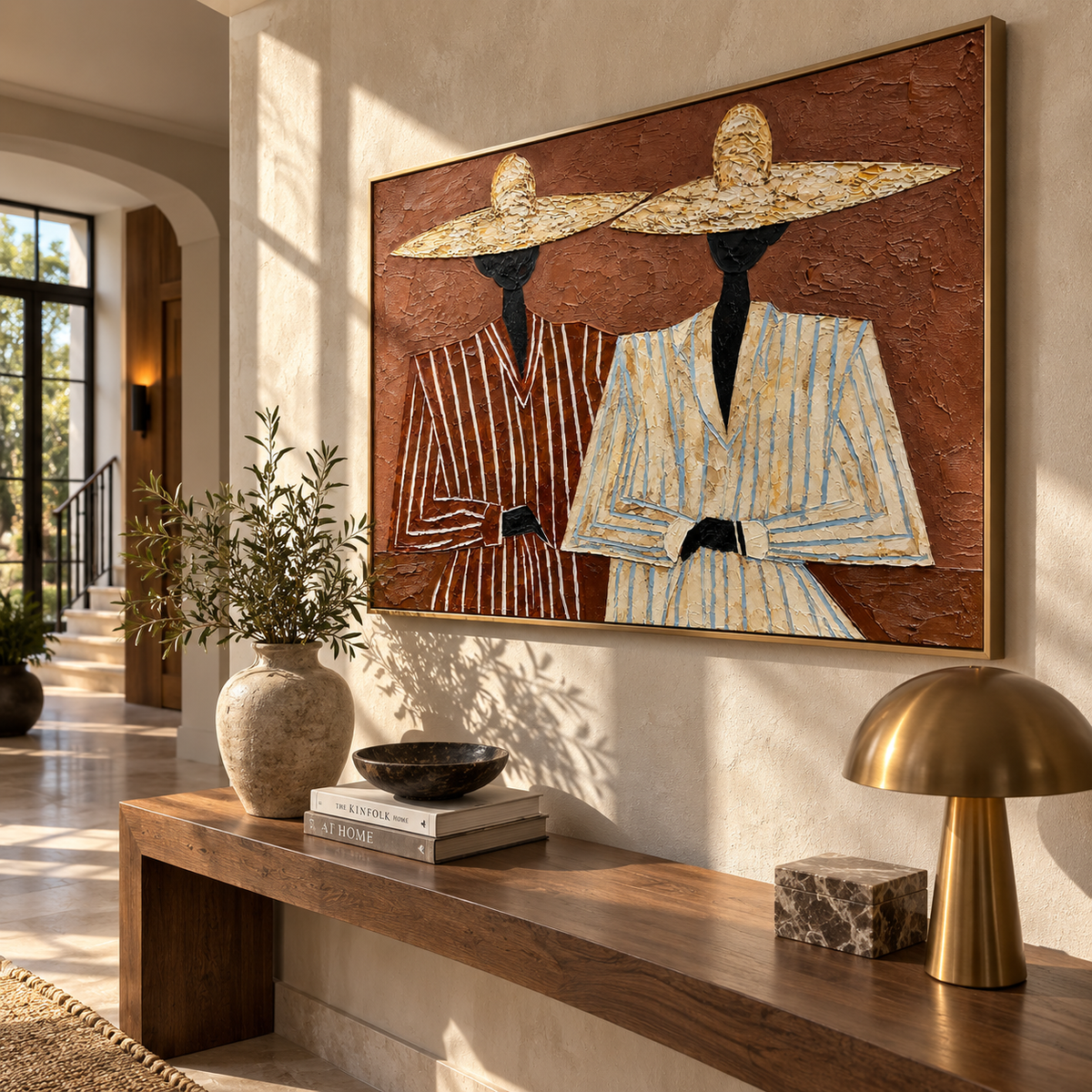 Straw Hats Meet Terra - twin straw-hat figures painting, modern figurative horizontal textured wall art - displayed across a hotel lounge wall