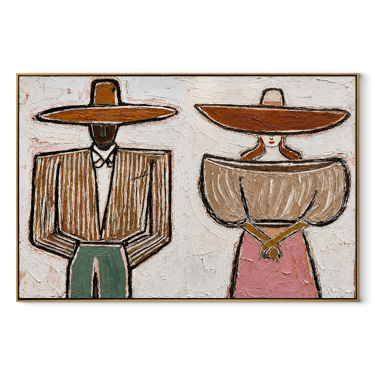 Two Hats Divide the Morning - paired modern folk figures painting, modern figurative horizontal textured wall art - wood frame on white background