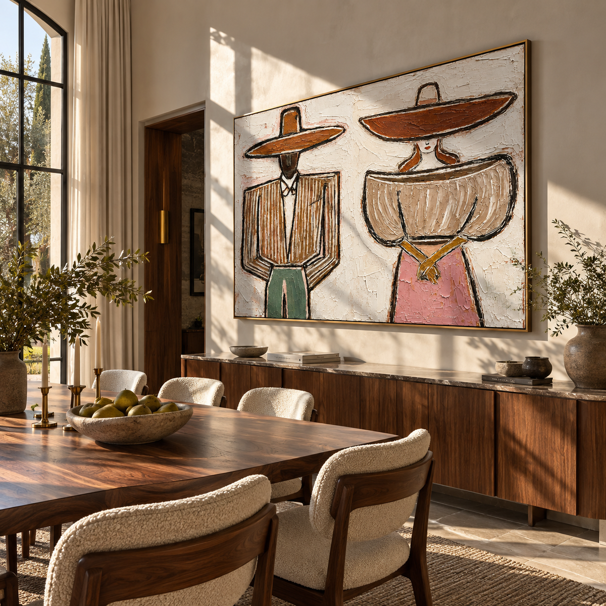 Two Hats Divide the Morning - paired modern folk figures painting, modern figurative horizontal textured wall art - displayed over a bedroom dresser