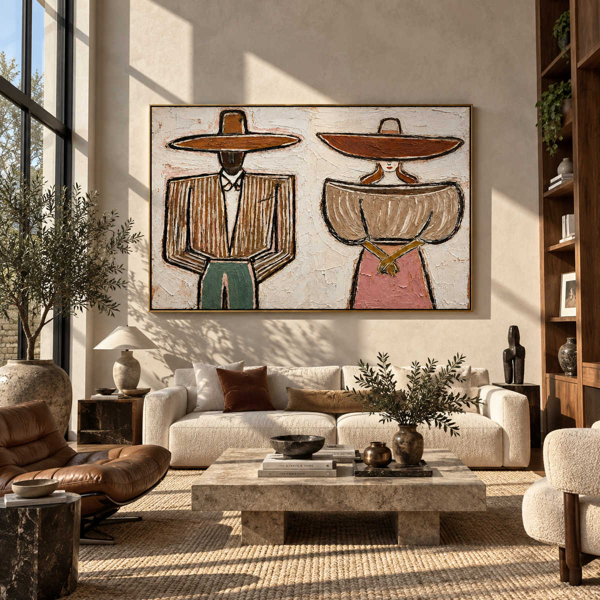 Two Hats Divide the Morning - paired modern folk figures painting, modern figurative horizontal textured wall art - displayed in a boutique hotel suite