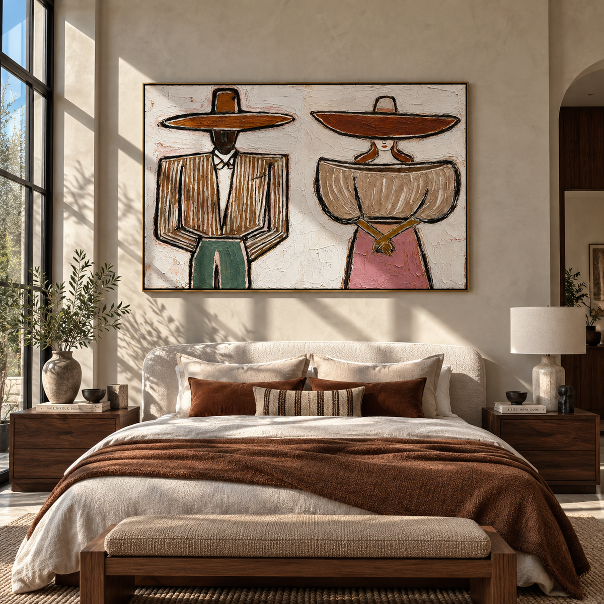 Two Hats Divide the Morning - paired modern folk figures painting, modern figurative horizontal textured wall art - displayed above a walnut console