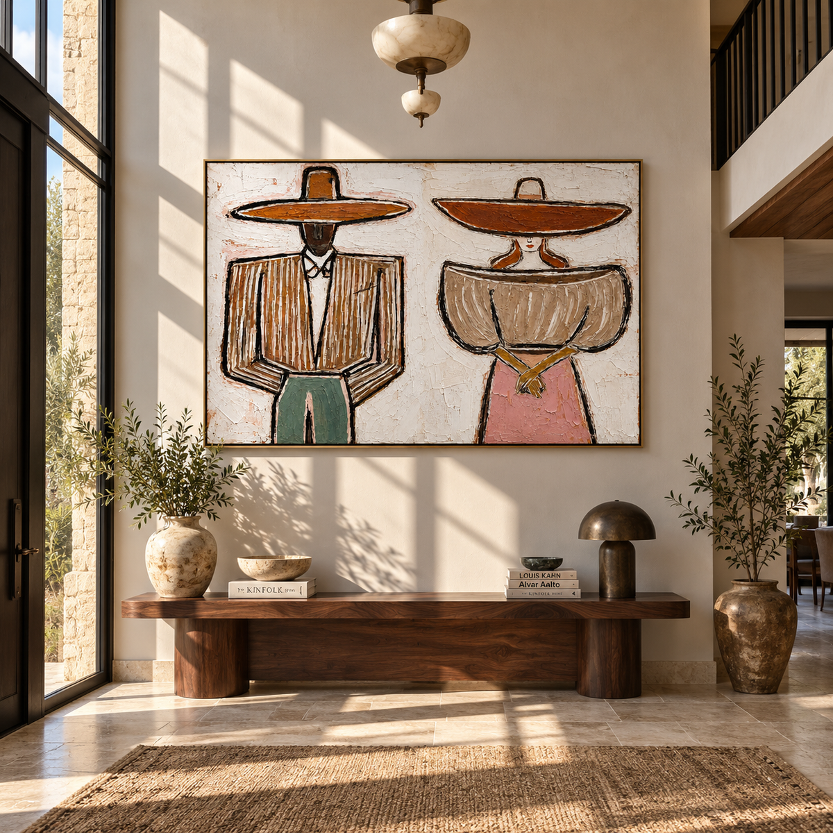Two Hats Divide the Morning - paired modern folk figures painting, modern figurative horizontal textured wall art - displayed across a calm lounge wall