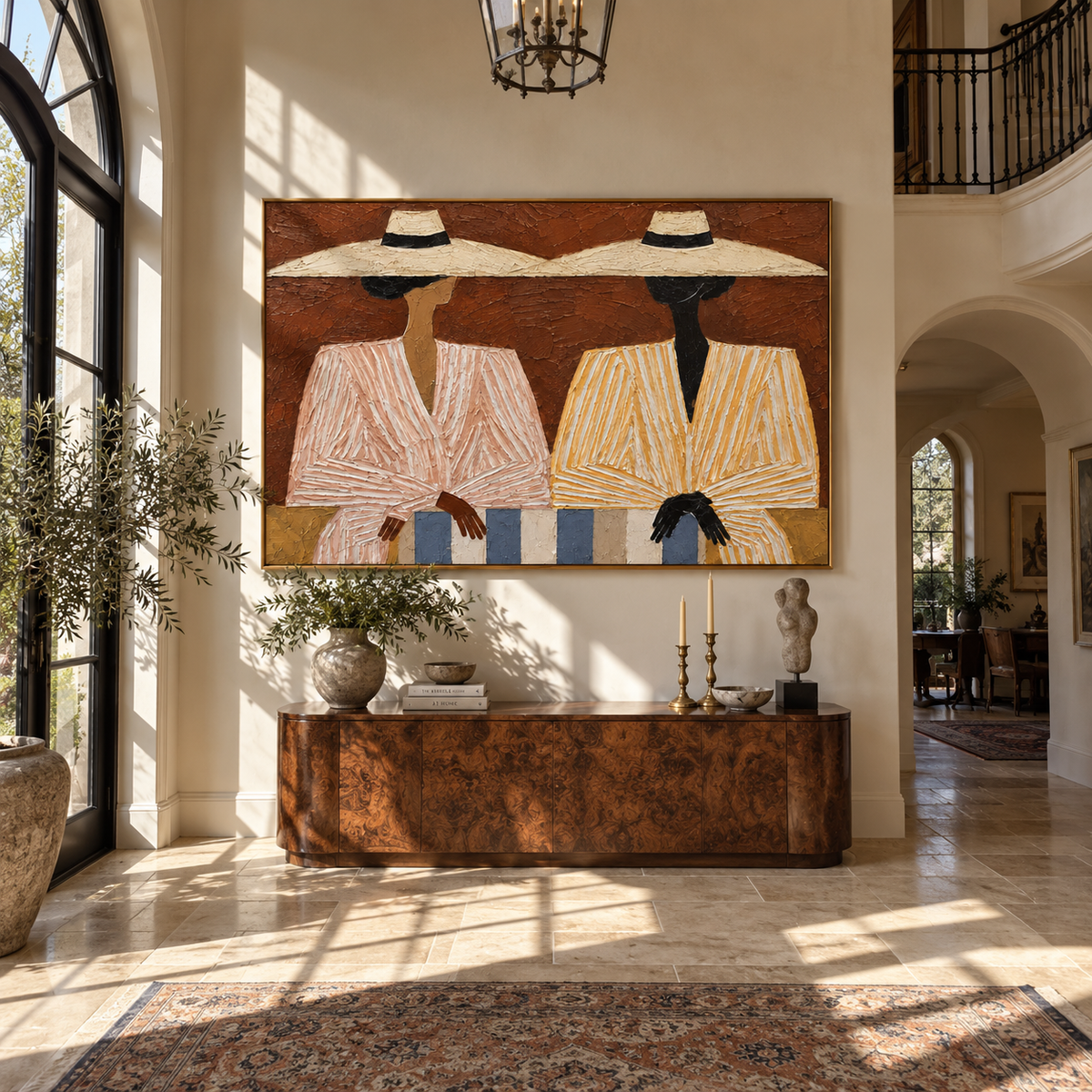 Pale Brims Cross Terra - twin striped fashion figures painting, modern figurative horizontal textured wall art - displayed over a bedroom dresser