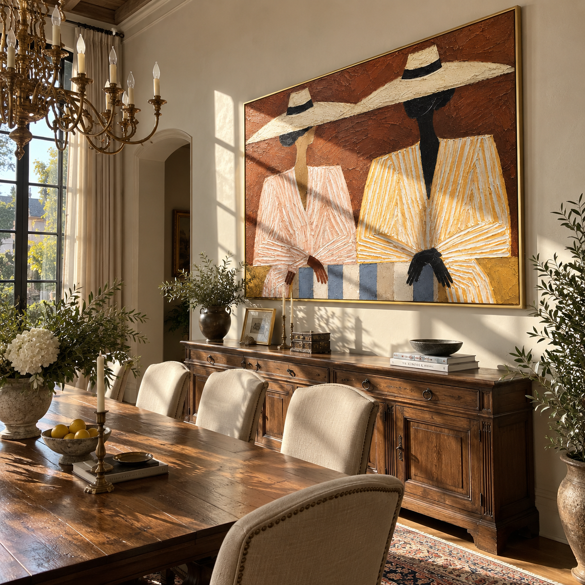 Pale Brims Cross Terra - twin striped fashion figures painting, modern figurative horizontal textured wall art - displayed above a light oak console