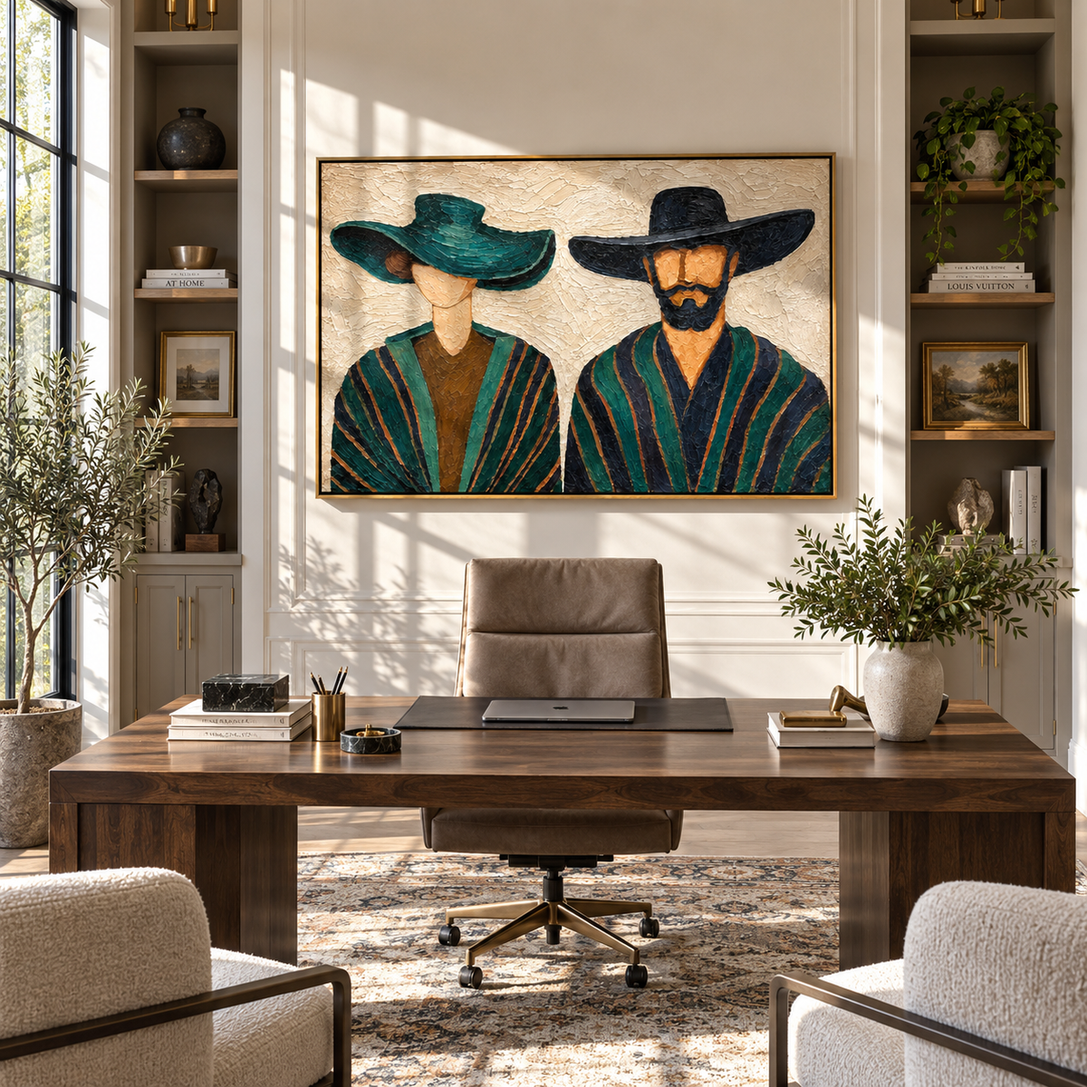 Teal Brim, Midnight Brim - paired wide-hat figures painting, modern figurative horizontal textured wall art - displayed above a contemporary sofa