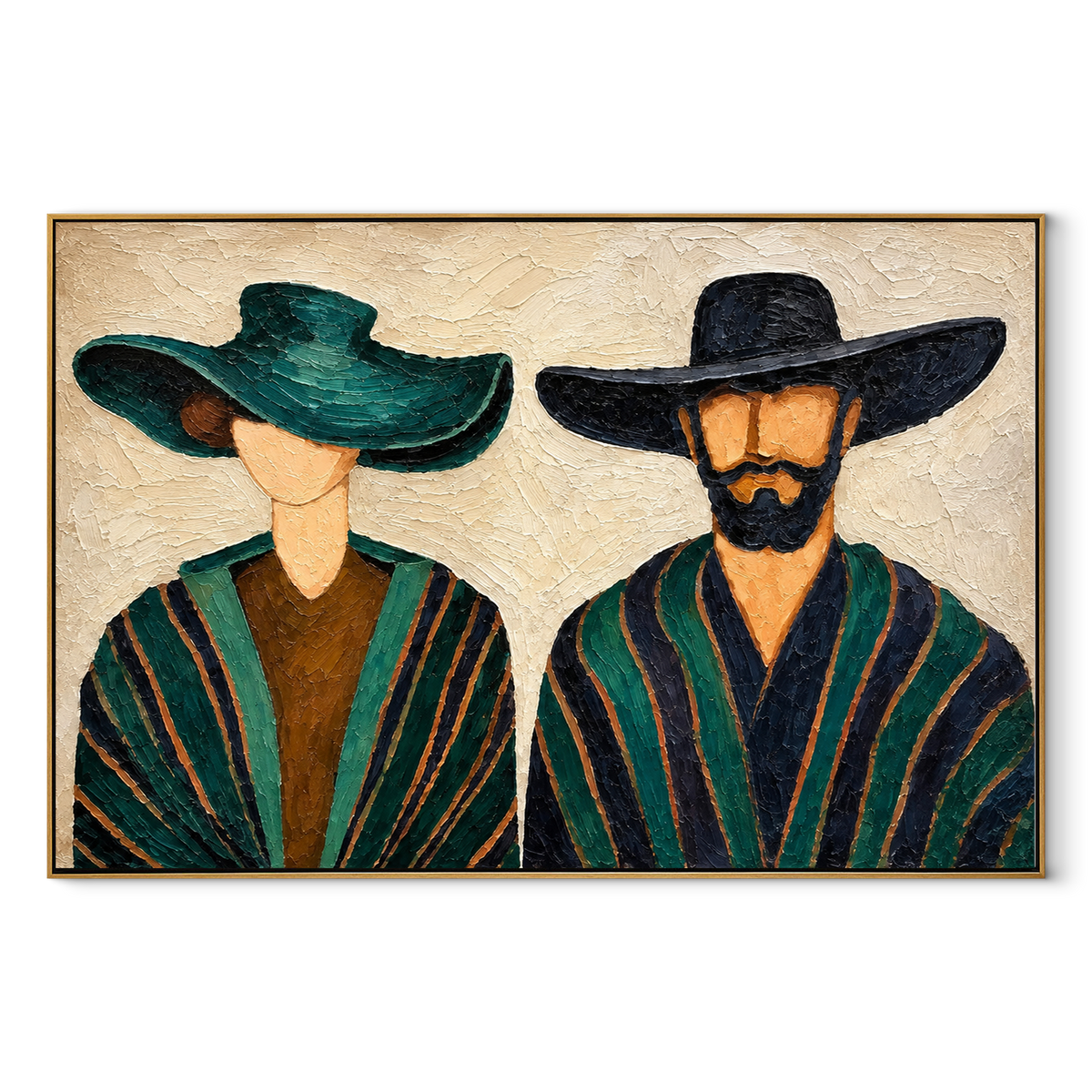 Teal Brim, Midnight Brim - paired wide-hat figures painting, modern figurative horizontal textured wall art - wood frame on white background