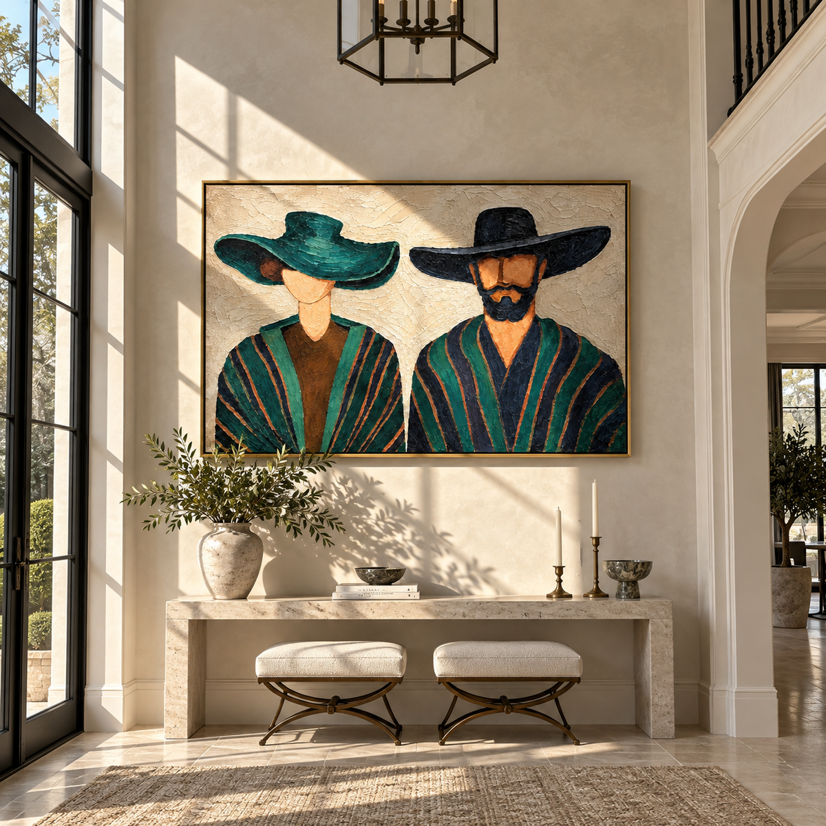 Teal Brim, Midnight Brim - paired wide-hat figures painting, modern figurative horizontal textured wall art - displayed above a teal console