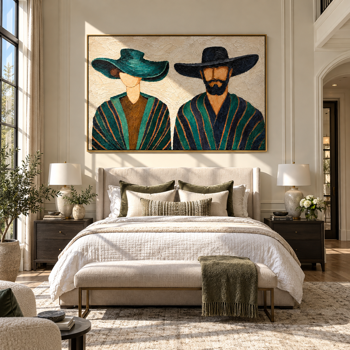 Teal Brim, Midnight Brim - paired wide-hat figures painting, modern figurative horizontal textured wall art - displayed across a bright open-plan room