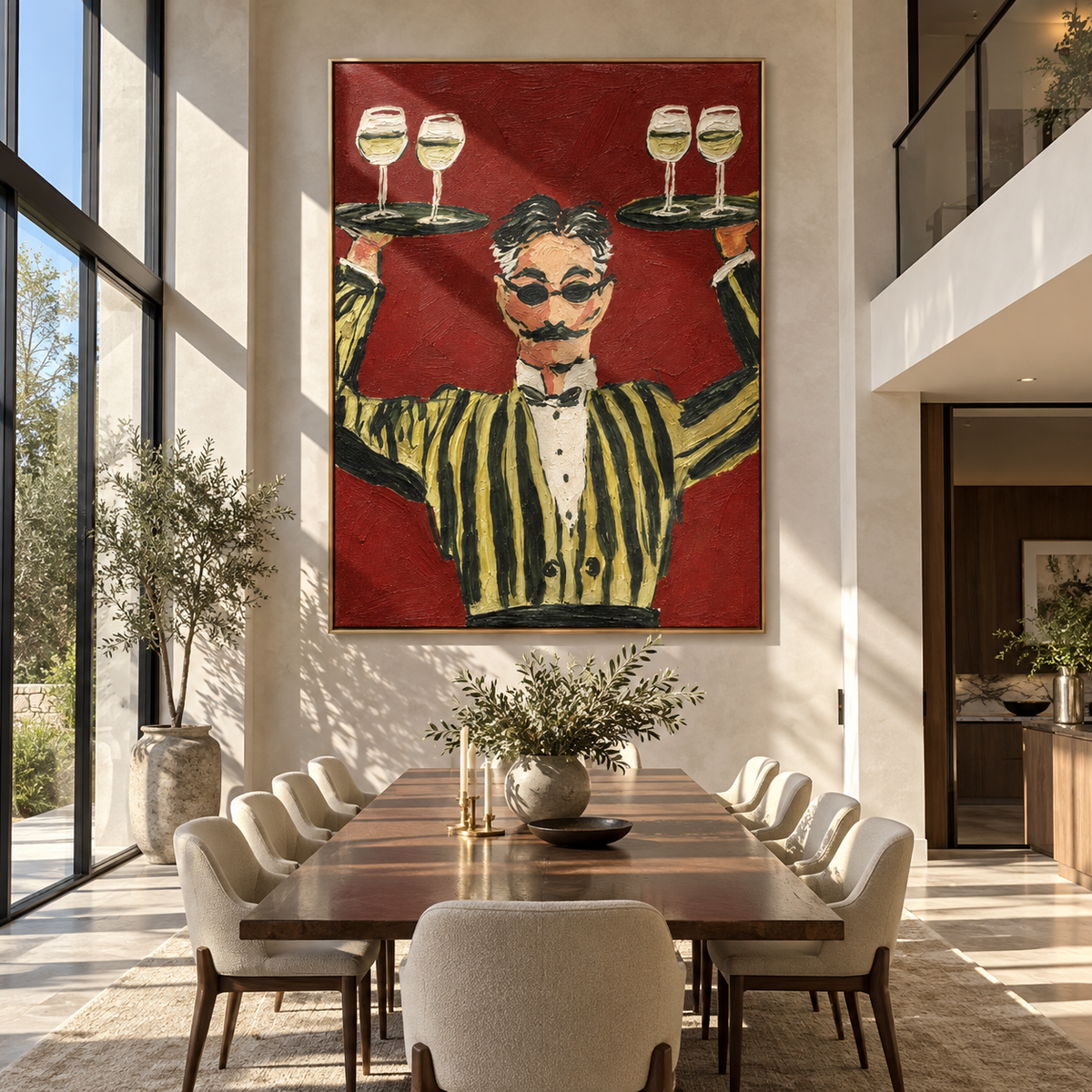 Four Glasses Hold the Evening - waiter balancing wine trays painting, modern figurative vertical textured wall art - displayed in a restaurant entryway