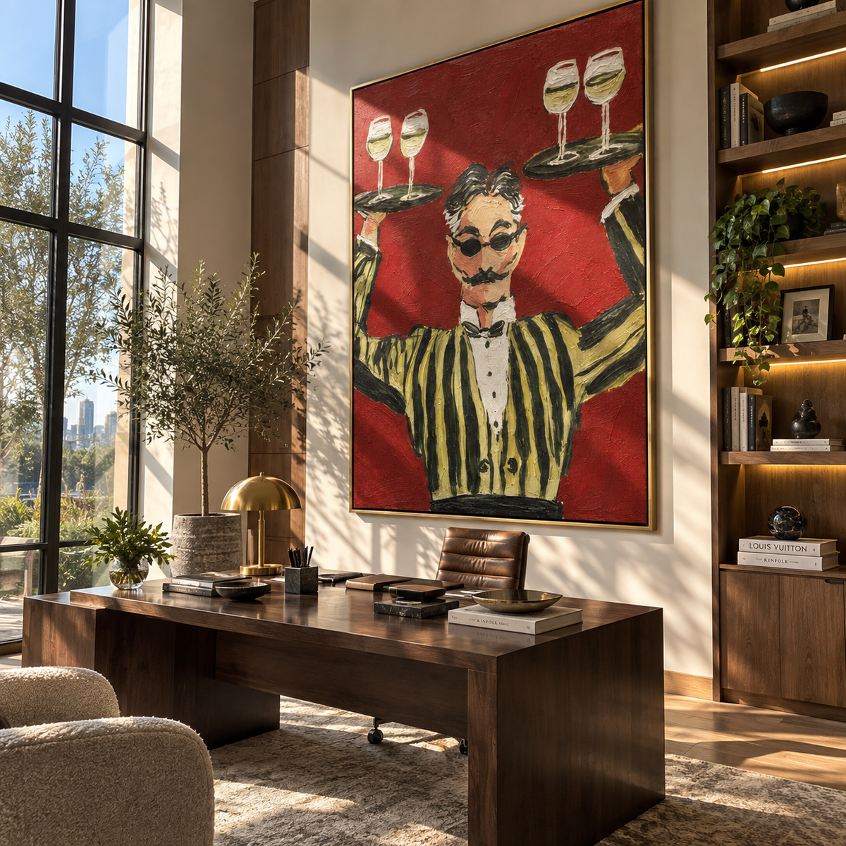 Four Glasses Hold the Evening - waiter balancing wine trays painting, modern figurative vertical textured wall art - displayed above a narrow bar console