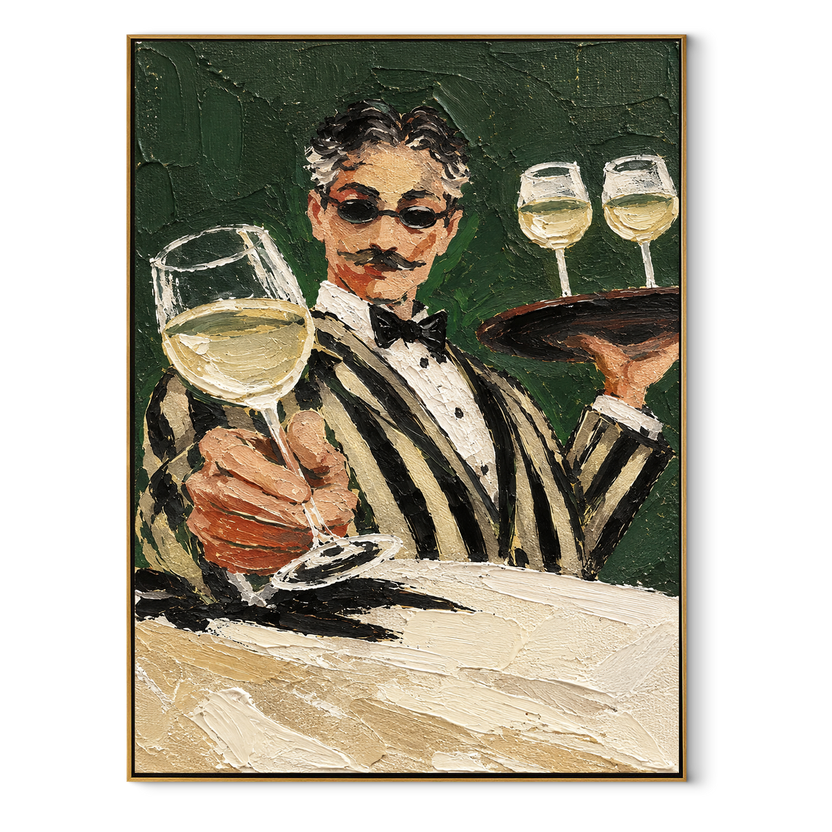 The Sommelier's Welcome - waiter presenting wine painting, modern figurative vertical textured wall art - wood frame on white background