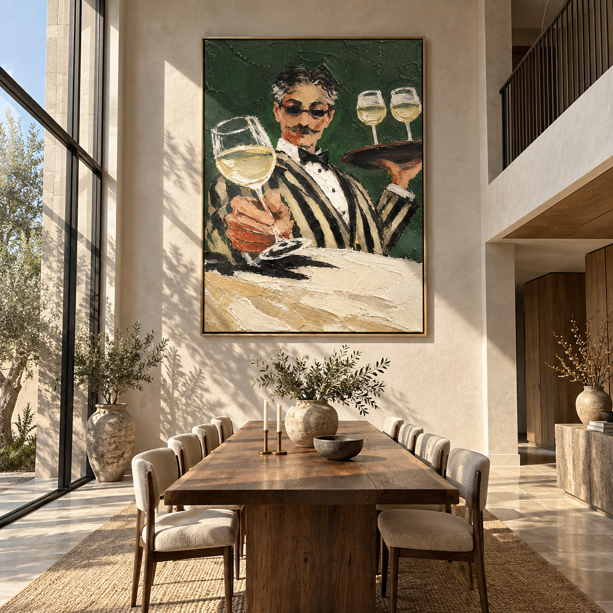 The Sommelier's Welcome - waiter presenting wine painting, modern figurative vertical textured wall art - displayed in a welcoming entryway