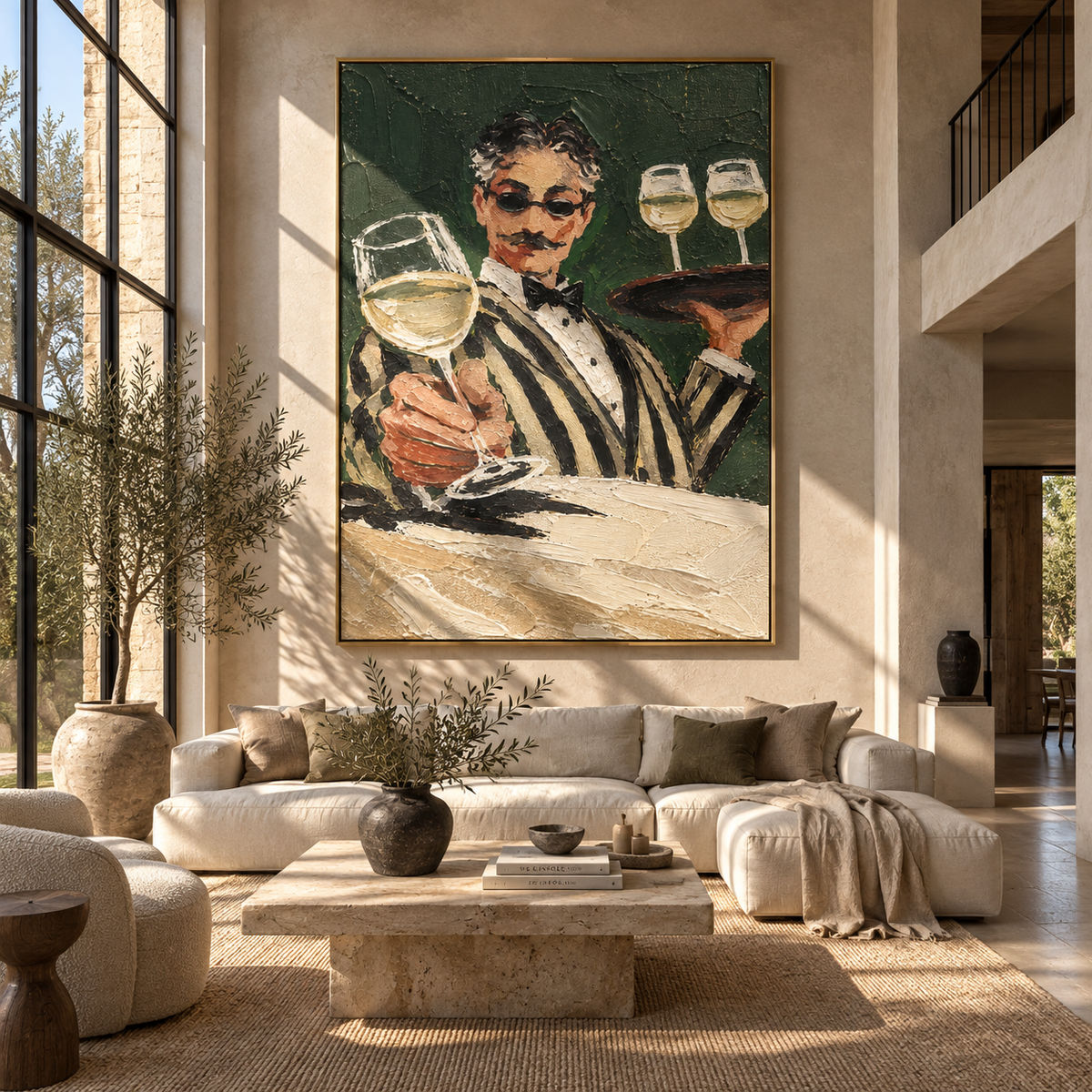 The Sommelier's Welcome - waiter presenting wine painting, modern figurative vertical textured wall art - displayed above a narrow drinks console