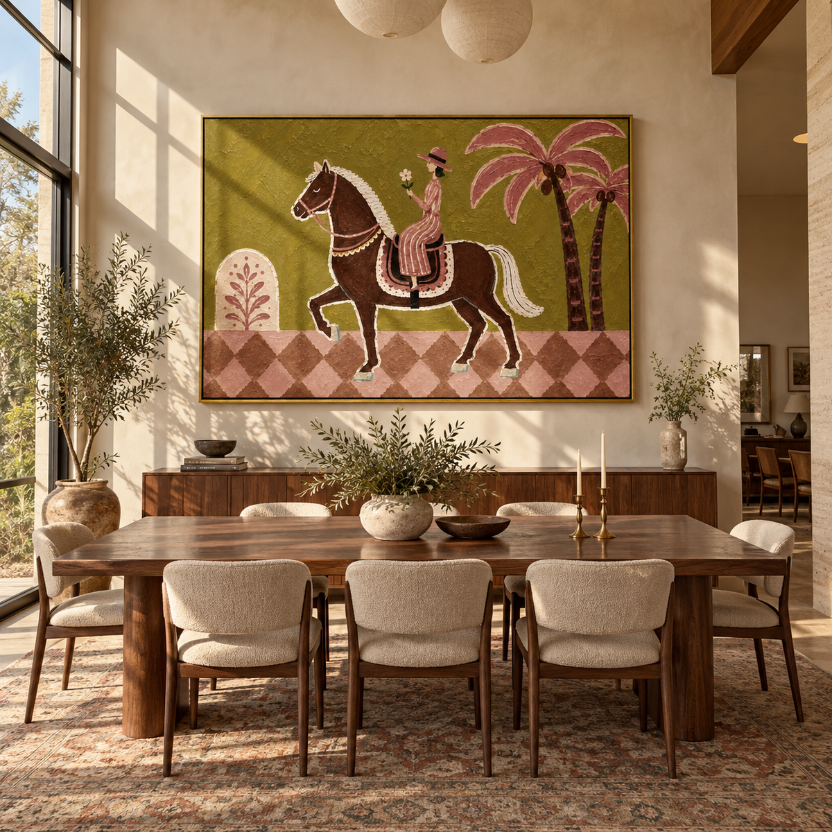 Palm Road at Dusk - modern folk horse rider painting, modern figurative horizontal textured wall art - displayed in a boutique hotel suite
