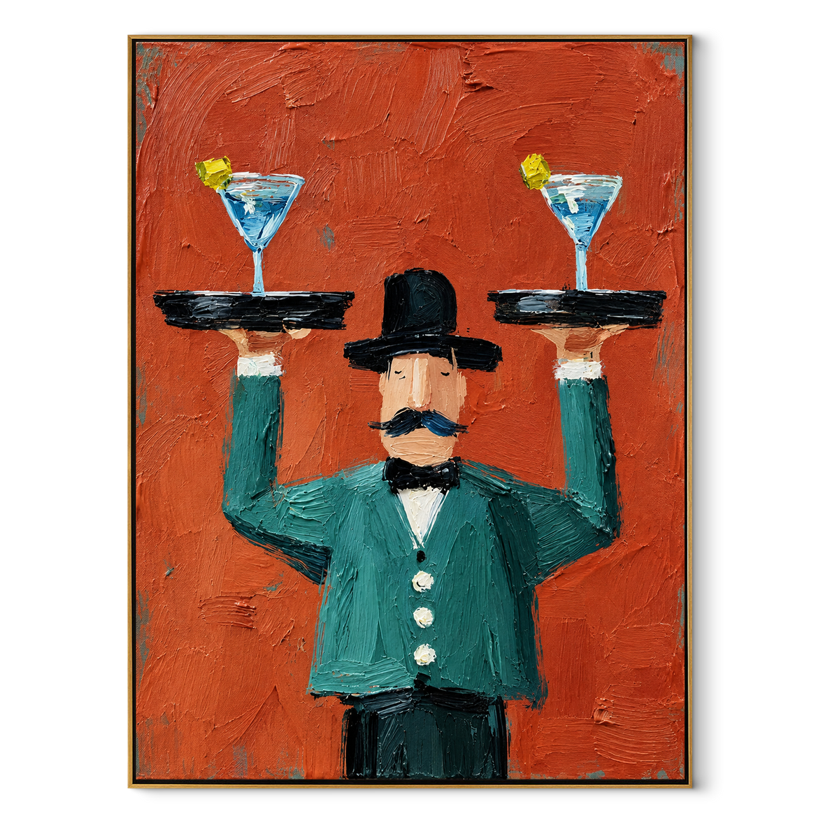 Blue Martinis Above Coral - waiter balancing martini trays painting, modern figurative vertical textured wall art - wood frame on white background