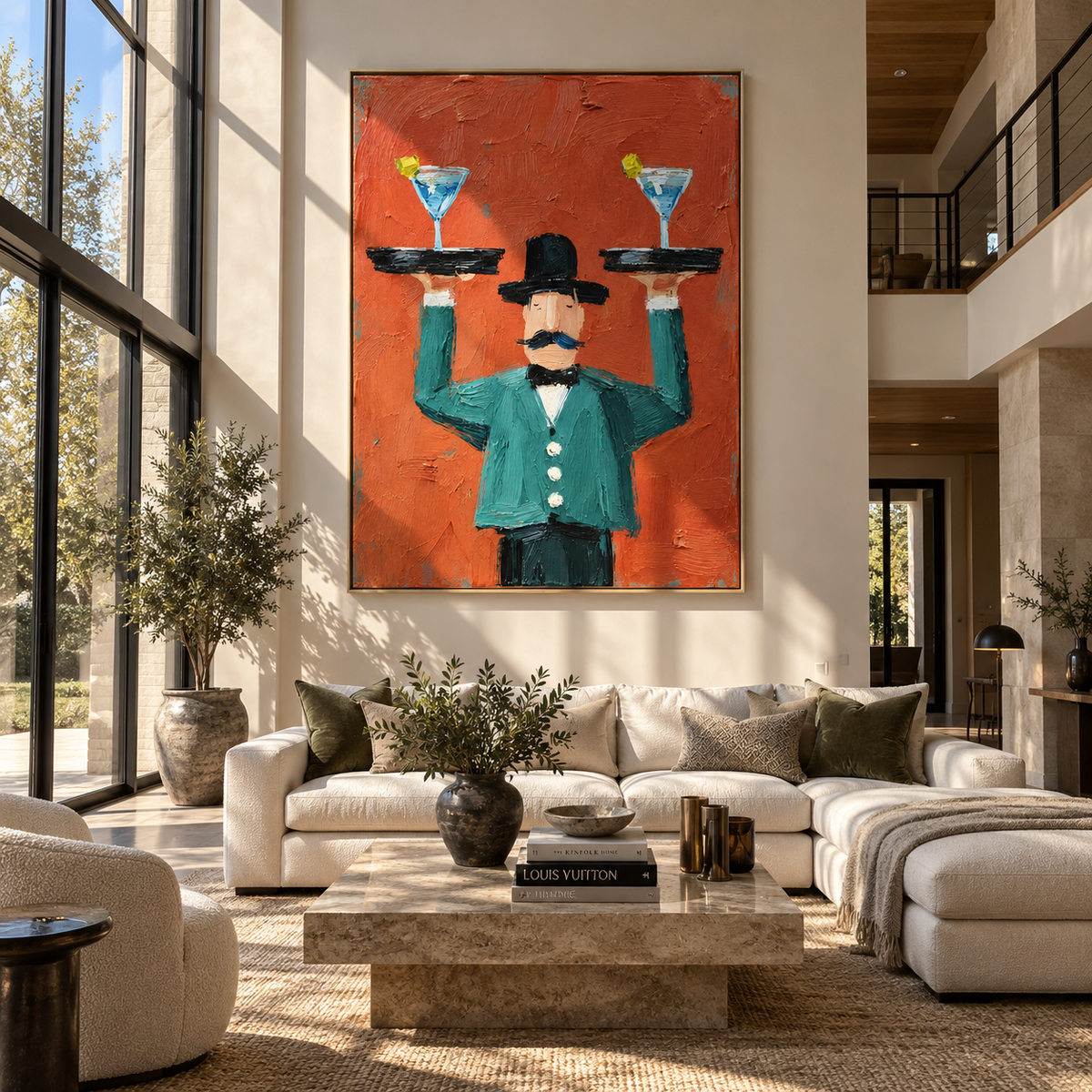 Blue Martinis Above Coral - waiter balancing martini trays painting, modern figurative vertical textured wall art - displayed in a colorful entryway